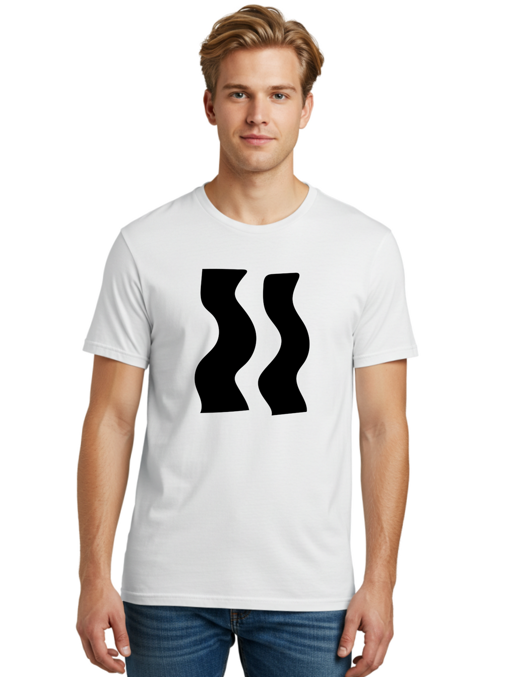 Double-S Men'S Graphic Tee, 100% Cotton, Comfortable Casual Summer Wear, Machine Washable, Wavy Silhouettes, Black Shapes, Abstract Design, Modern Art, Sleek Pattern, Contemporary Style, Graphic Illustration -  Aaa424