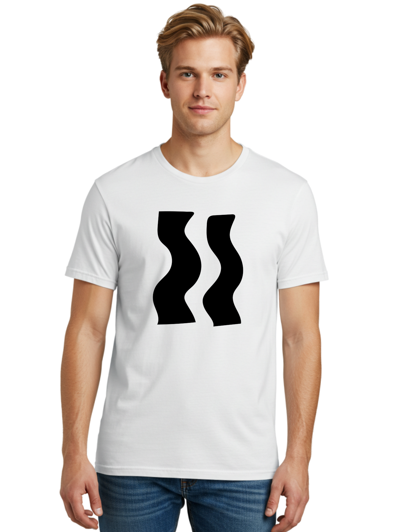 Double-S Men'S Graphic Tee, 100% Cotton, Comfortable Casual Summer Wear, Machine Washable, Wavy Silhouettes, Black Shapes, Abstract Design, Modern Art, Sleek Pattern, Contemporary Style, Graphic Illustration -  Aaa424