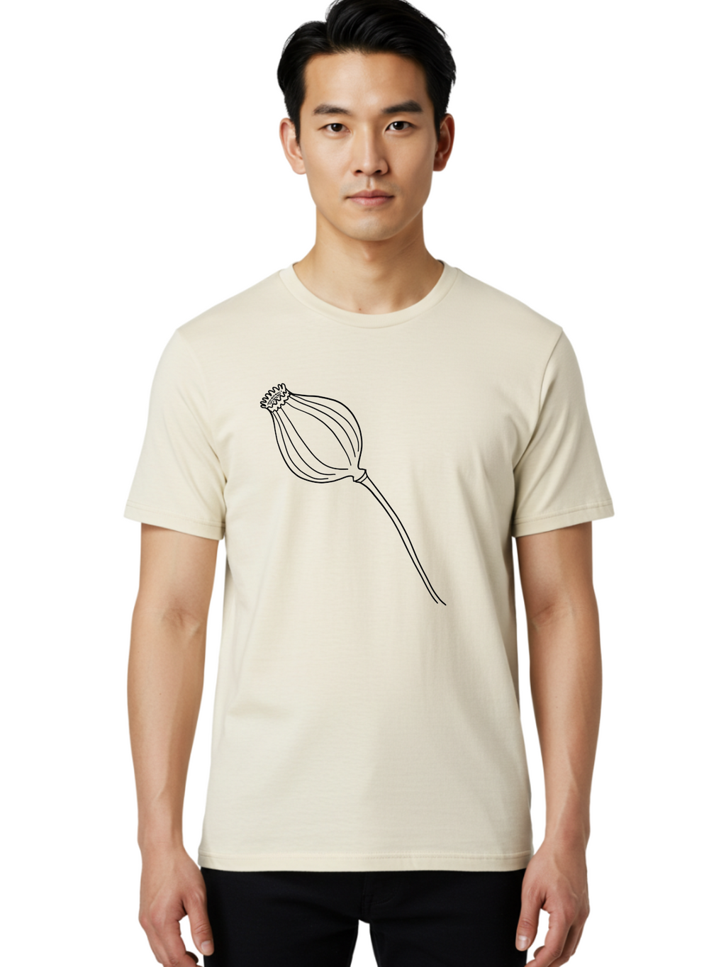 Dried-Poppy Men'S Graphic Tee, 100% Cotton, Comfortable Casual Summer Wear, Machine Washable, Simple Line Art, Minimalist Design, Flower Bud, Botanical Illustration, Elegant Lines, Delicate Form, Black Outline -  Aaa425