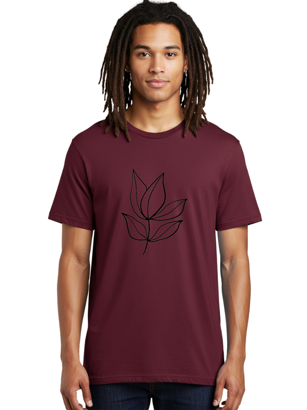 Five-Leaves Men'S Graphic Tee, 100% Cotton, Comfortable Casual Summer Wear, Machine Washable, Simple Leaf Illustration, Minimalist Design, Black Outline, Leaf Art, Nature-Inspired Graphics, Botanical Illustration, Modern Simplicity -  Aaa431