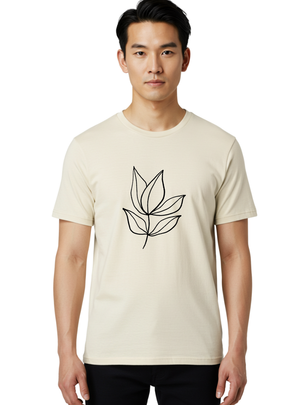 Five-Leaves Men'S Graphic Tee, 100% Cotton, Comfortable Casual Summer Wear, Machine Washable, Simple Leaf Illustration, Minimalist Design, Black Outline, Leaf Art, Nature-Inspired Graphics, Botanical Illustration, Modern Simplicity -  Aaa431
