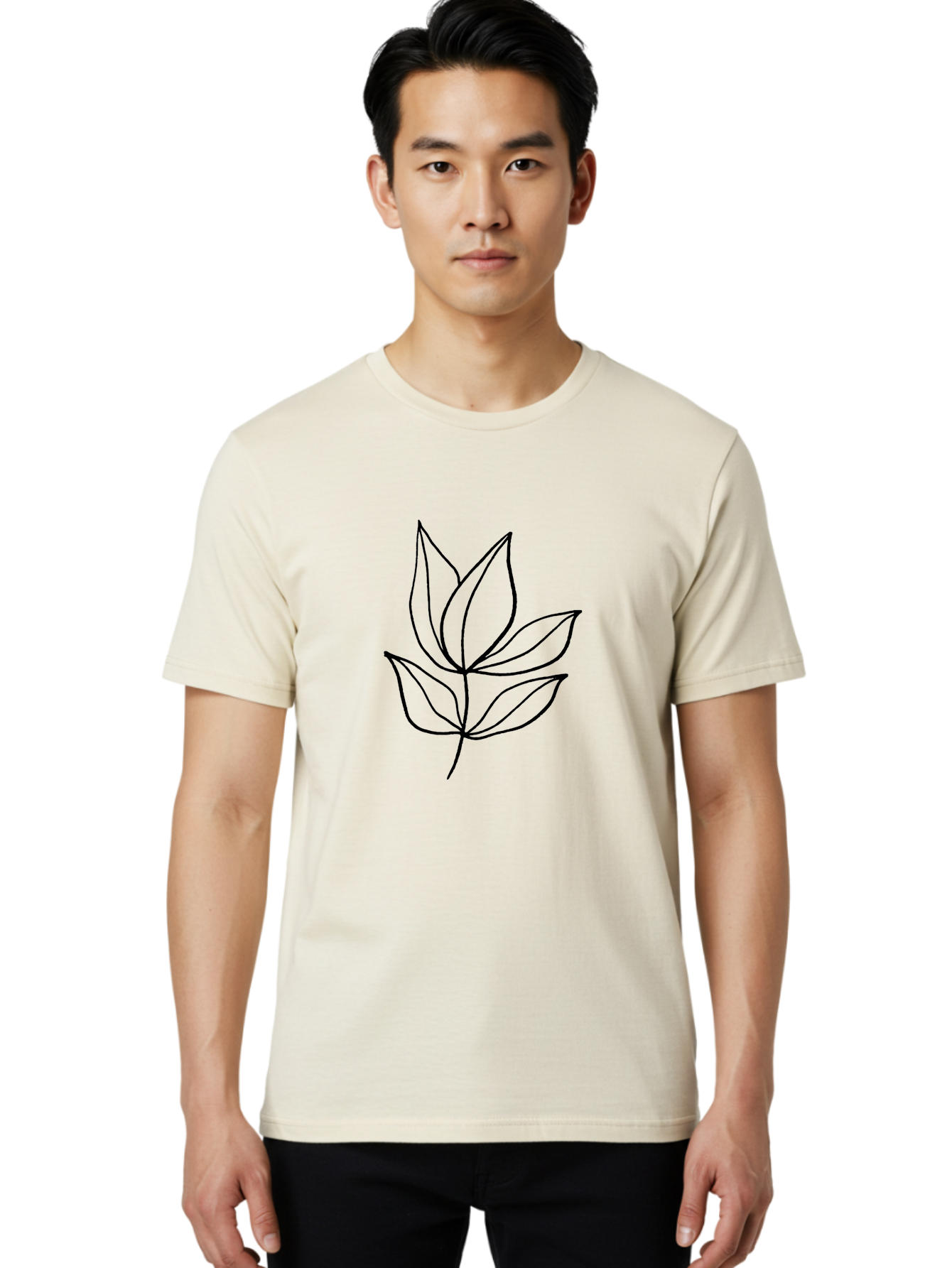 Five-Leaves Men'S Graphic Tee, 100% Cotton, Comfortable Casual Summer Wear, Machine Washable, Simple Leaf Illustration, Minimalist Design, Black Outline, Leaf Art, Nature-Inspired Graphics, Botanical Illustration, Modern Simplicity -  Aaa431
