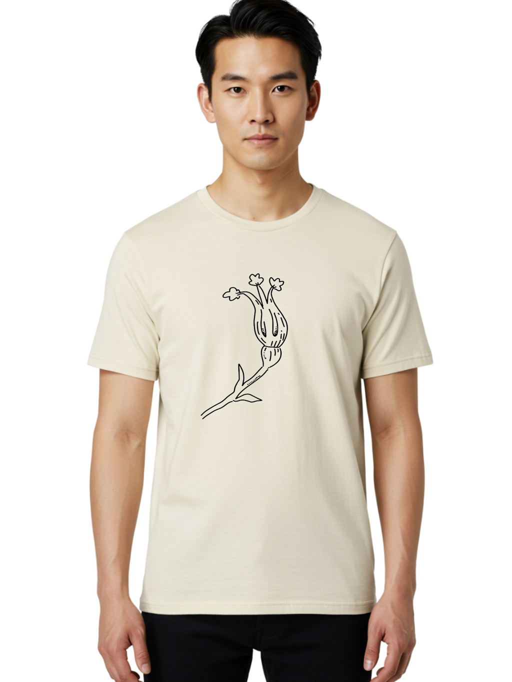 Flower-Illustration Men'S Graphic Tee, 100% Cotton, Comfortable Casual Summer Wear, Machine Washable, Simple Flower Drawing, Minimalist Art, Black Outline, Stylized Blooms, Hand-Drawn Illustration, Floral Design, Cartoon Flower -  Aaa433