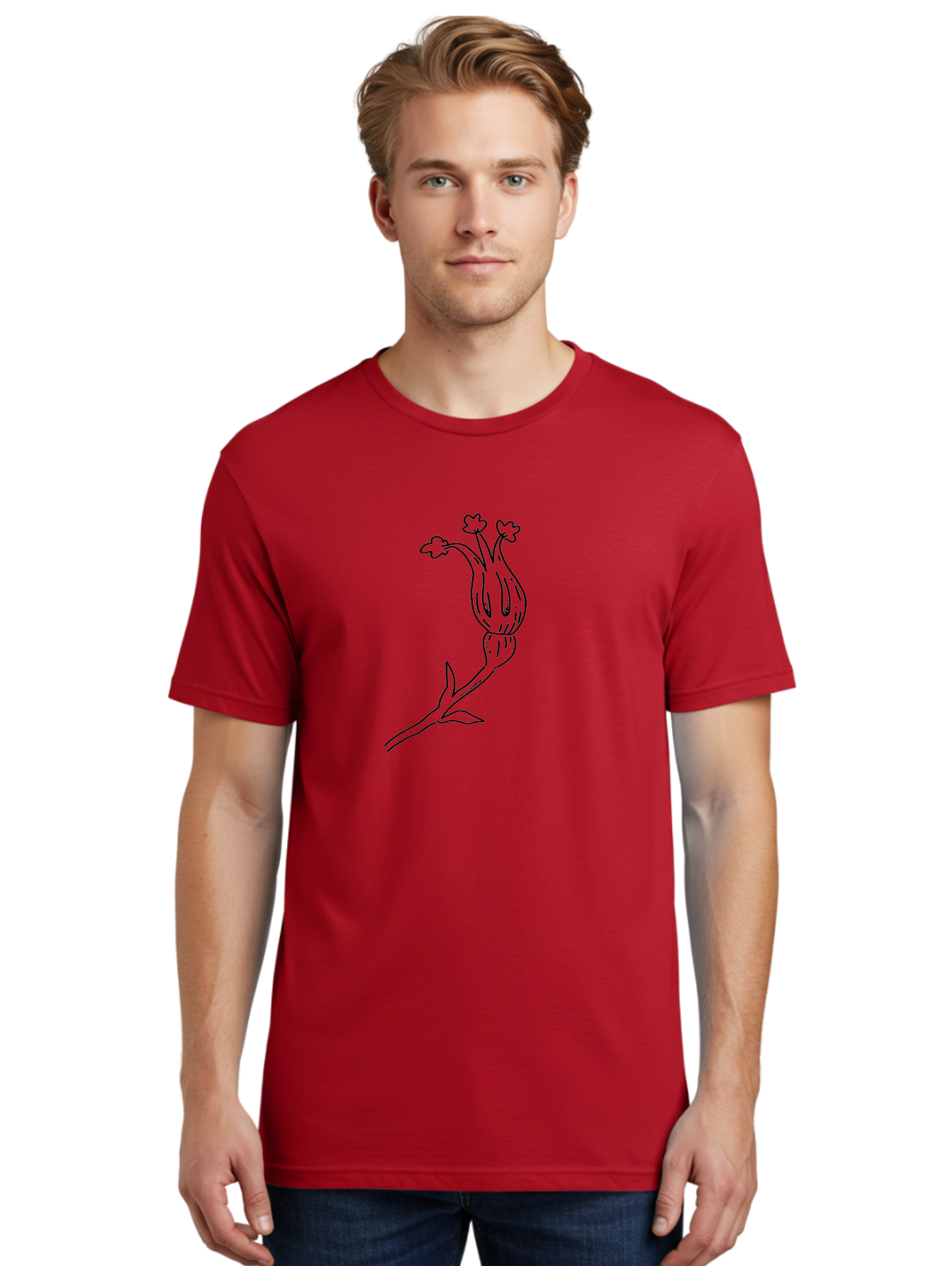 Flower-Illustration Men'S Graphic Tee, 100% Cotton, Comfortable Casual Summer Wear, Machine Washable, Simple Flower Drawing, Minimalist Art, Black Outline, Stylized Blooms, Hand-Drawn Illustration, Floral Design, Cartoon Flower -  Aaa433
