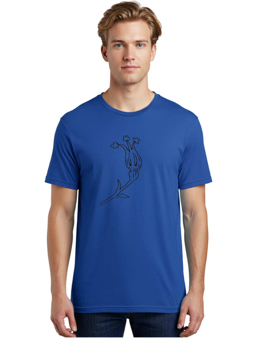 Flower-Illustration Men'S Graphic Tee, 100% Cotton, Comfortable Casual Summer Wear, Machine Washable, Simple Flower Drawing, Minimalist Art, Black Outline, Stylized Blooms, Hand-Drawn Illustration, Floral Design, Cartoon Flower -  Aaa433
