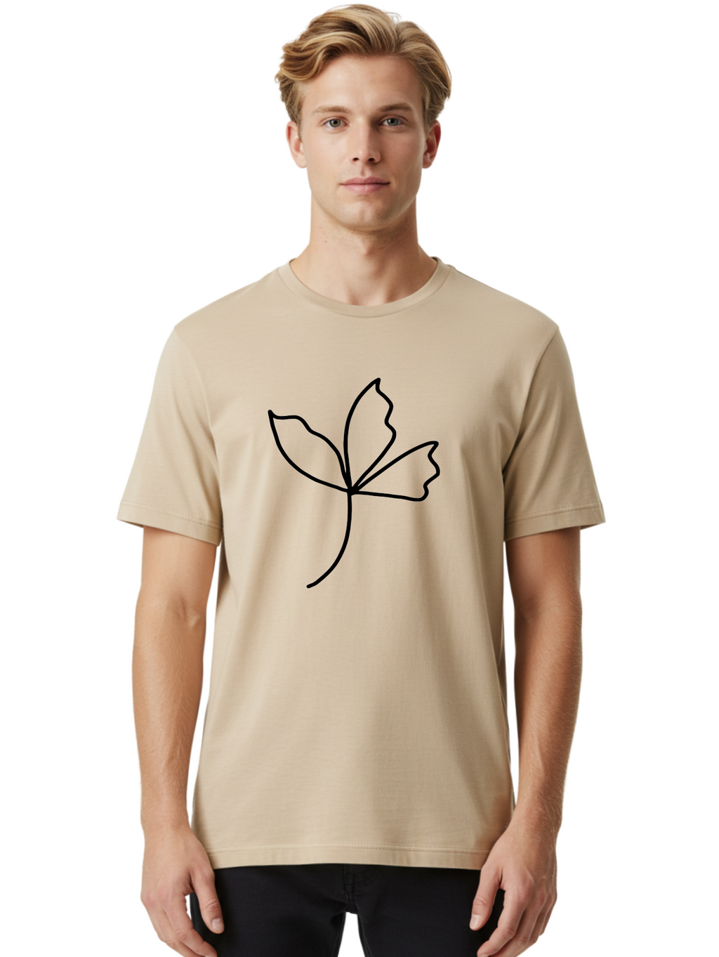 Flower-Outline Men'S Graphic Tee, 100% Cotton, Comfortable Casual Summer Wear, Machine Washable, Four Leaf Clover, Leafy Greens, Symbolic Icon, Minimalist Design, Simple Line Art, Stylized Clover, Elegant Graphics -  Aaa434