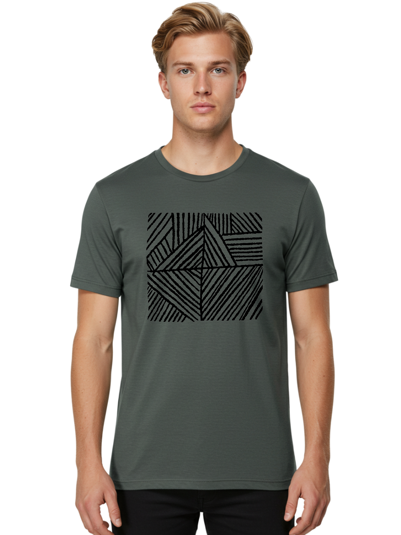 Geometric-Pattern Men'S Graphic Tee, 100% Cotton, Comfortable Casual Summer Wear, Machine Washable, Geometric Pattern, Black Lines, Abstract Design, Modern Art, Optical Illusion, Diagonal Lines, Triangle Shapes, Minimalist Style -  Aaa436