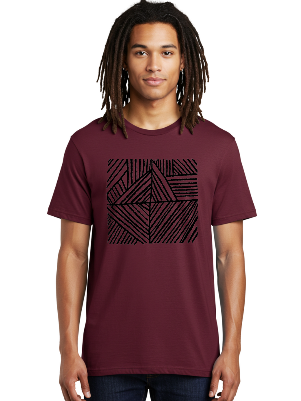 Geometric-Pattern Men'S Graphic Tee, 100% Cotton, Comfortable Casual Summer Wear, Machine Washable, Geometric Pattern, Black Lines, Abstract Design, Modern Art, Optical Illusion, Diagonal Lines, Triangle Shapes, Minimalist Style -  Aaa436