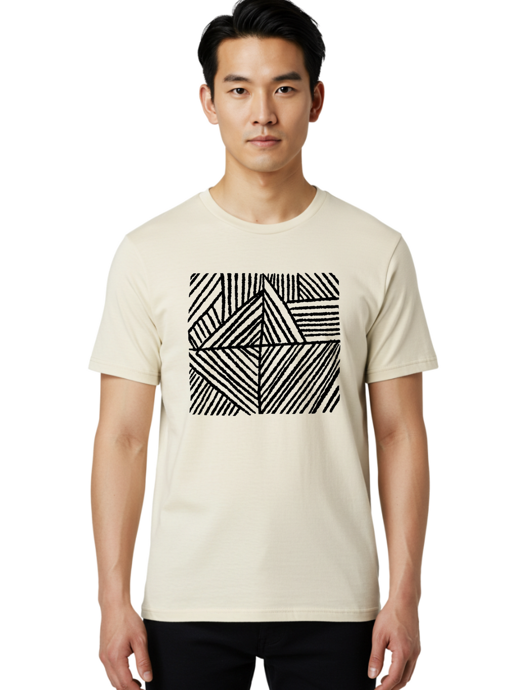 Geometric-Pattern Men'S Graphic Tee, 100% Cotton, Comfortable Casual Summer Wear, Machine Washable, Geometric Pattern, Black Lines, Abstract Design, Modern Art, Optical Illusion, Diagonal Lines, Triangle Shapes, Minimalist Style -  Aaa436