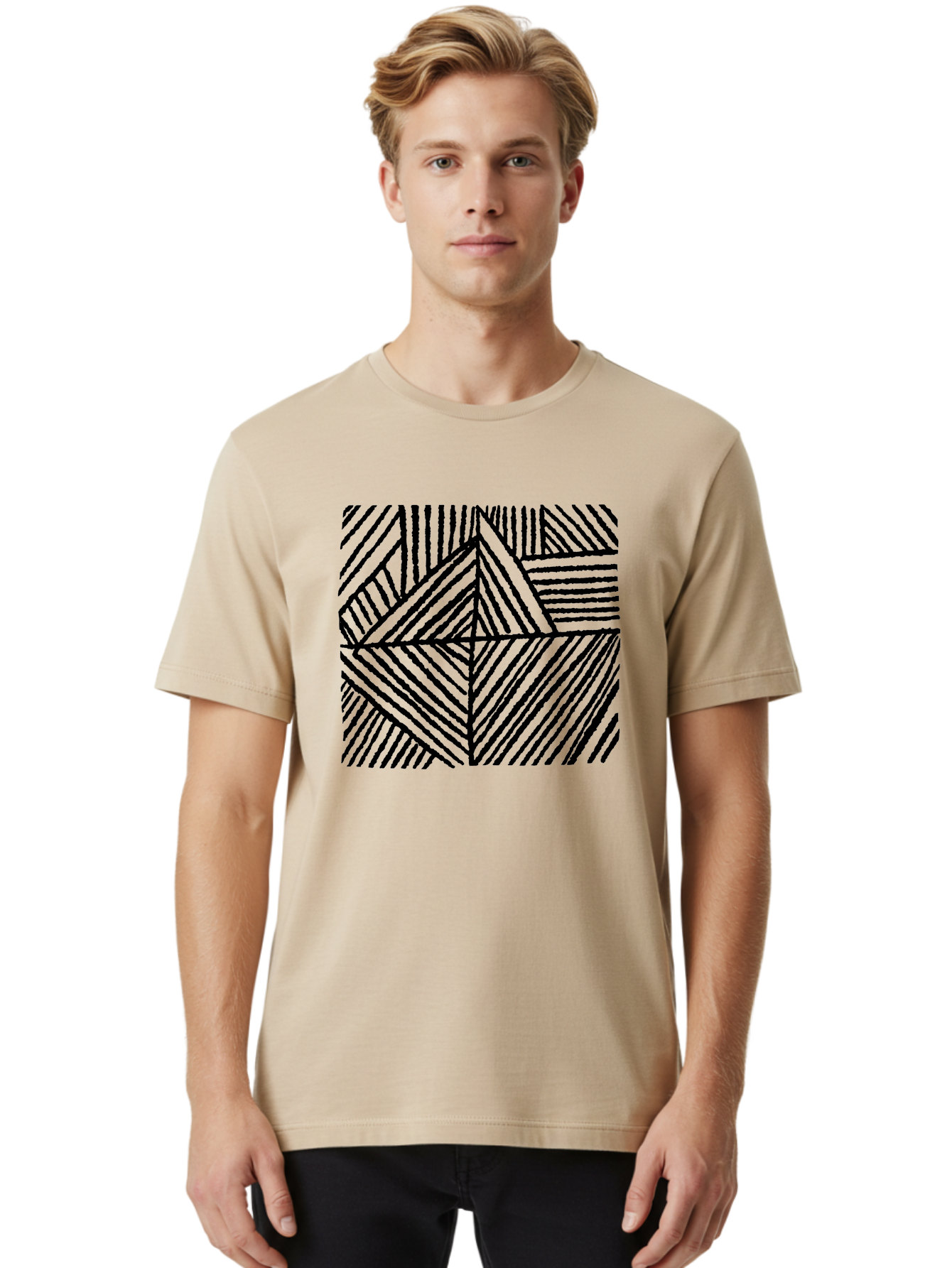 Geometric-Pattern Men'S Graphic Tee, 100% Cotton, Comfortable Casual Summer Wear, Machine Washable, Geometric Pattern, Black Lines, Abstract Design, Modern Art, Optical Illusion, Diagonal Lines, Triangle Shapes, Minimalist Style -  Aaa436