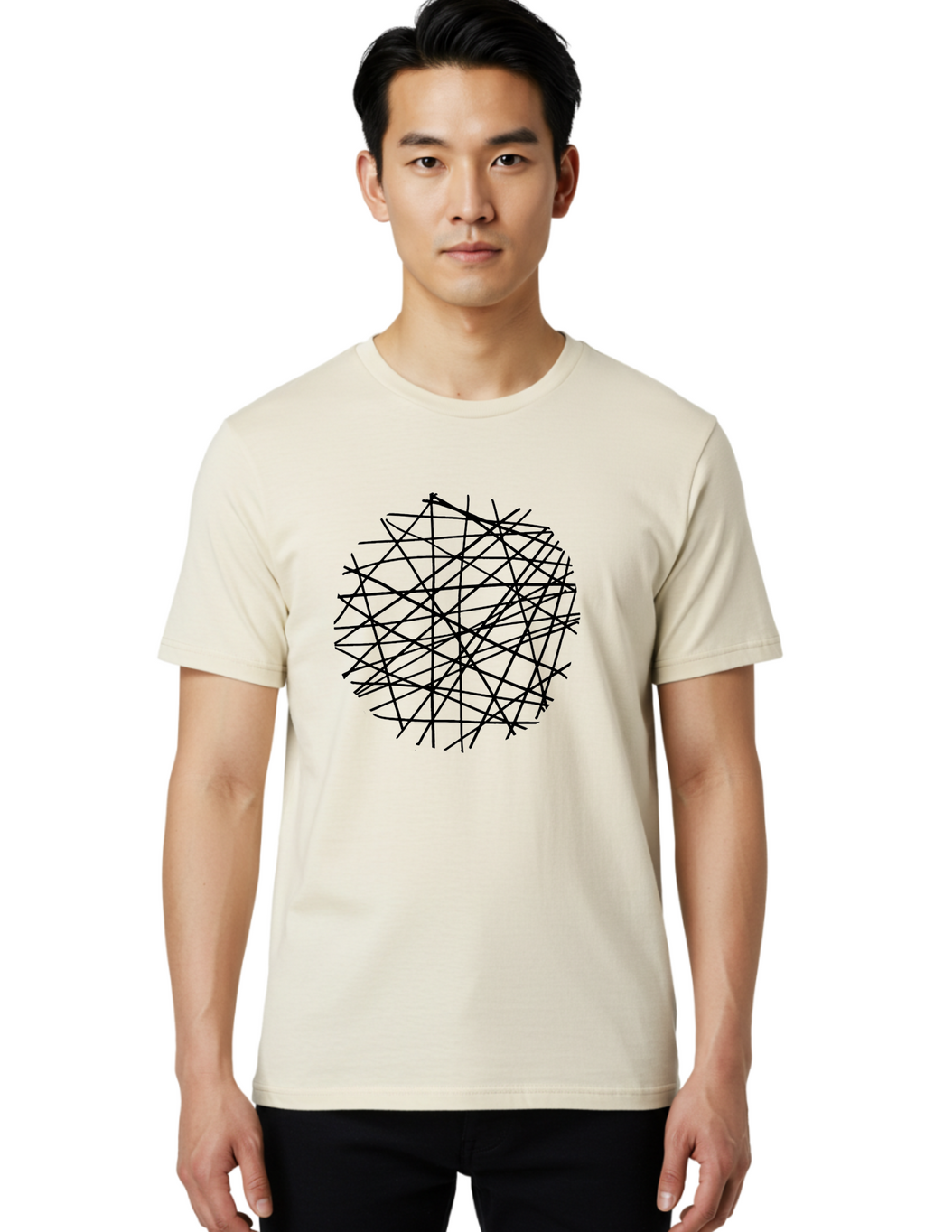 Intersecting-Lines Men'S Graphic Tee, 100% Cotton, Comfortable Casual Summer Wear, Machine Washable, Abstract Art, Chaotic Lines, Black Lines, Intersecting Lines, Complex Pattern, Modern Design, Graphic Illustration -  Aaa439