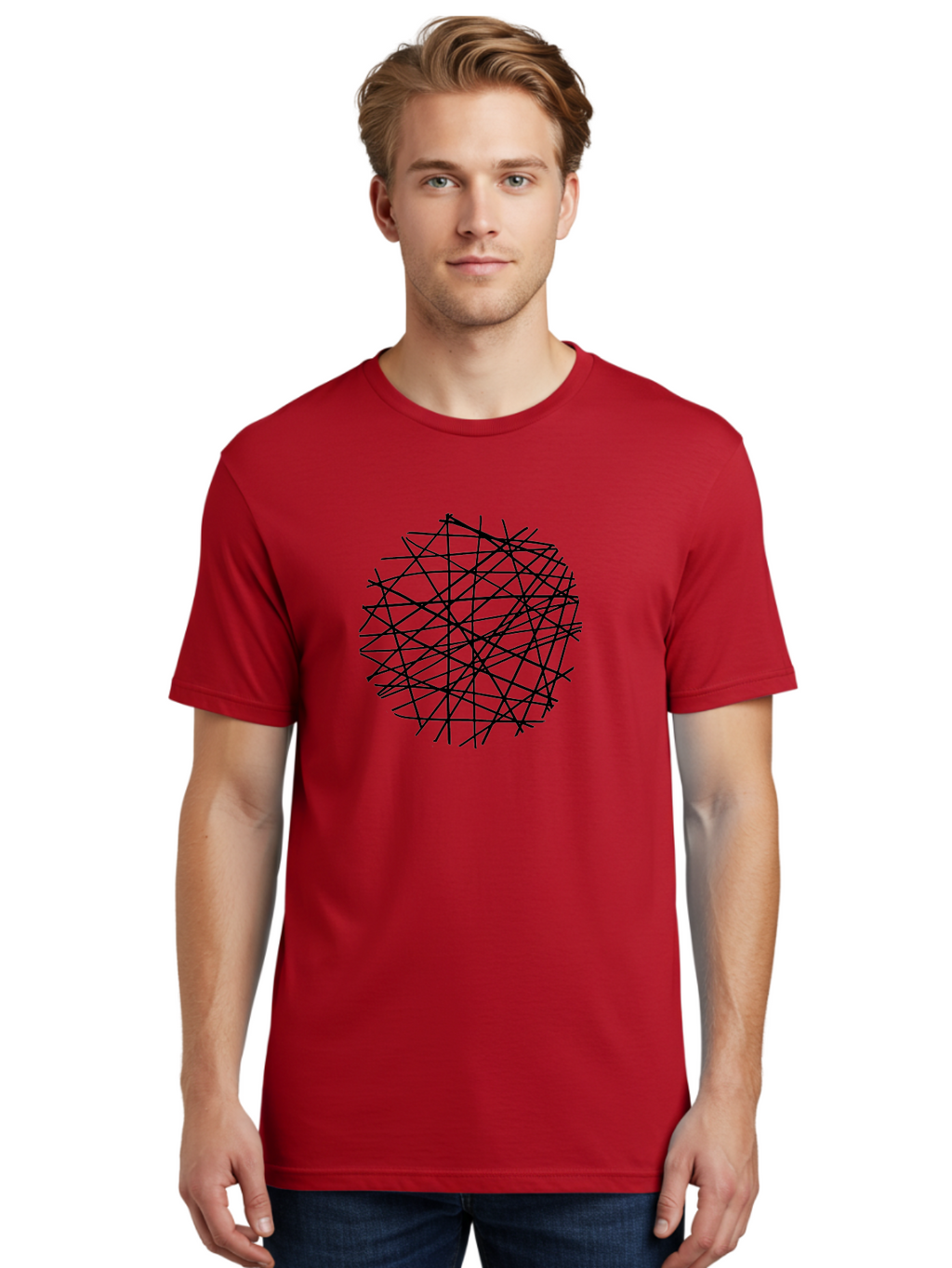 Intersecting-Lines Men'S Graphic Tee, 100% Cotton, Comfortable Casual Summer Wear, Machine Washable, Abstract Art, Chaotic Lines, Black Lines, Intersecting Lines, Complex Pattern, Modern Design, Graphic Illustration -  Aaa439