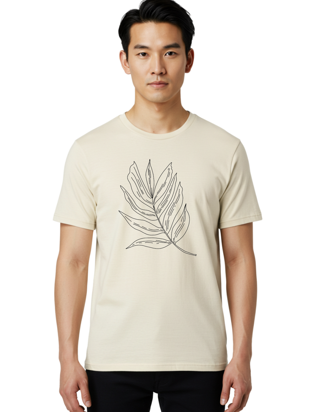 Leaf-Illustration Men'S Graphic Tee, 100% Cotton, Comfortable Casual Summer Wear, Machine Washable, Simple Leaf Illustration, Black Outline, Minimalist Design, Botanical Art, Hand-Drawn Leaf, Natural Elements, Foliage Graphic, -  Aaa446