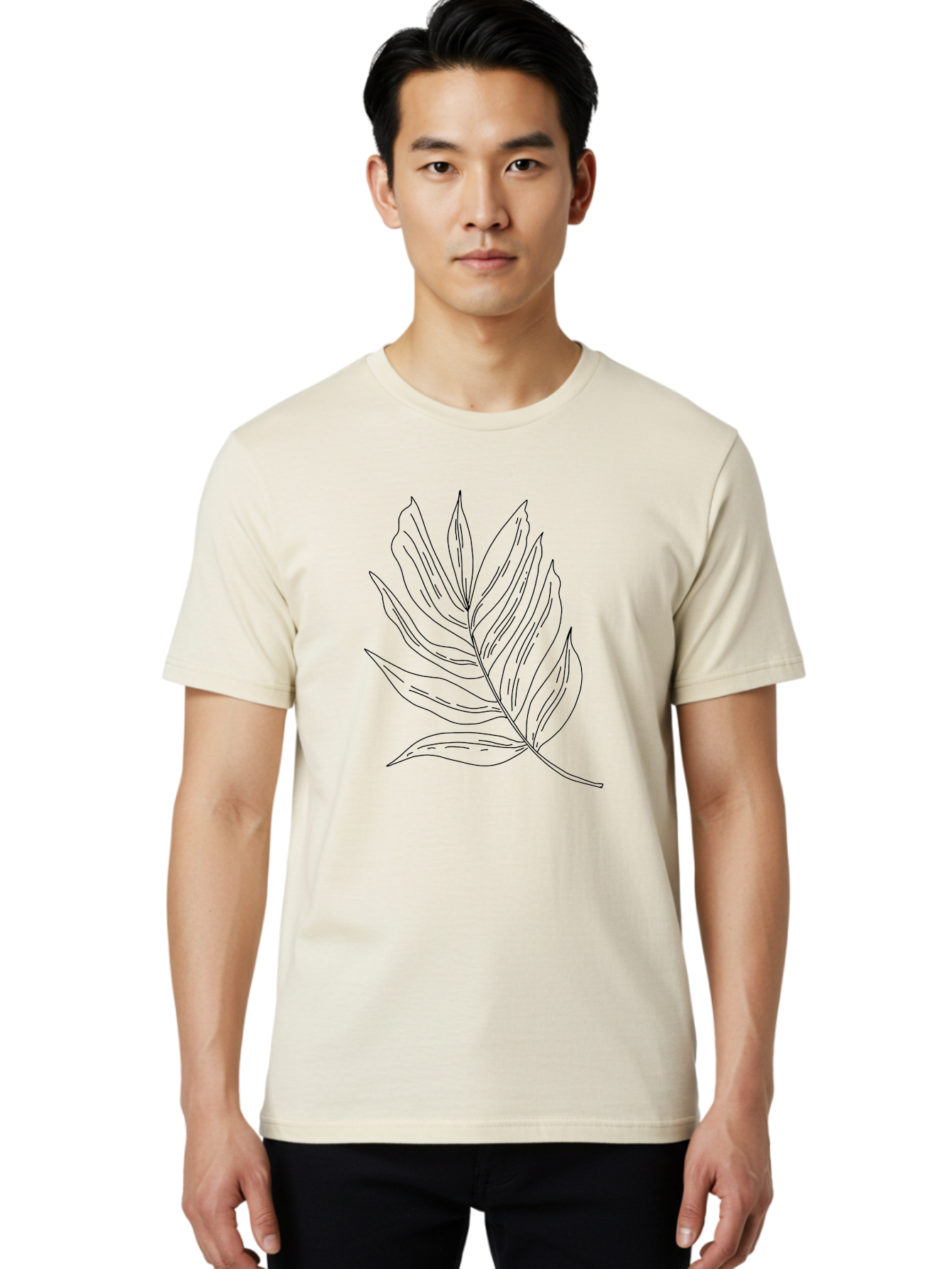 Leaf-Illustration Men'S Graphic Tee, 100% Cotton, Comfortable Casual Summer Wear, Machine Washable, Simple Leaf Illustration, Black Outline, Minimalist Design, Botanical Art, Hand-Drawn Leaf, Natural Elements, Foliage Graphic, -  Aaa446