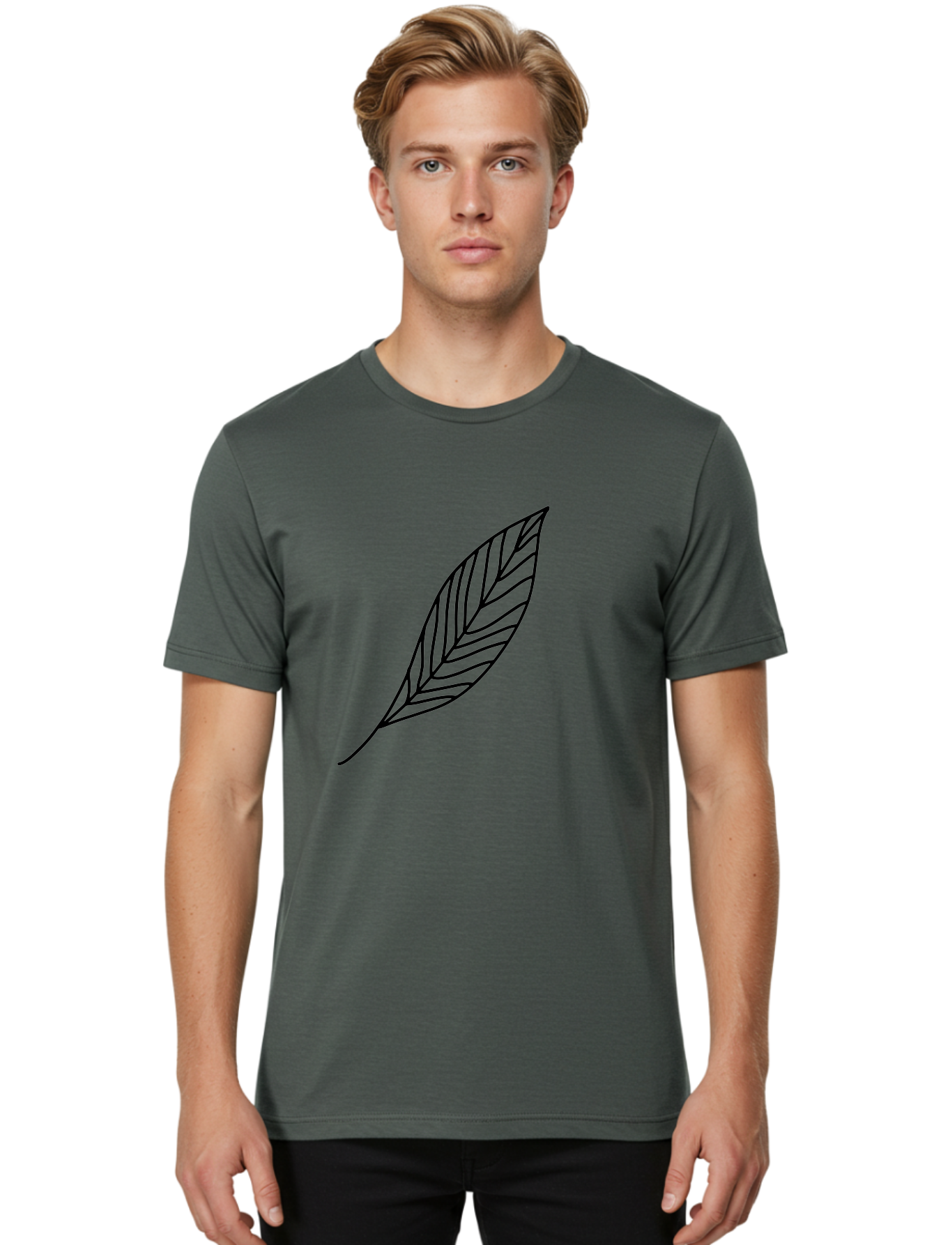 Leaf-Outline Men'S Graphic Tee, 100% Cotton, Comfortable Casual Summer Wear, Machine Washable, Simple Leaf Design, Black Outline, Leaf Illustration, Minimalist Art, Nature-Inspired Graphics, Eco-Friendly Icon -  Aaa447