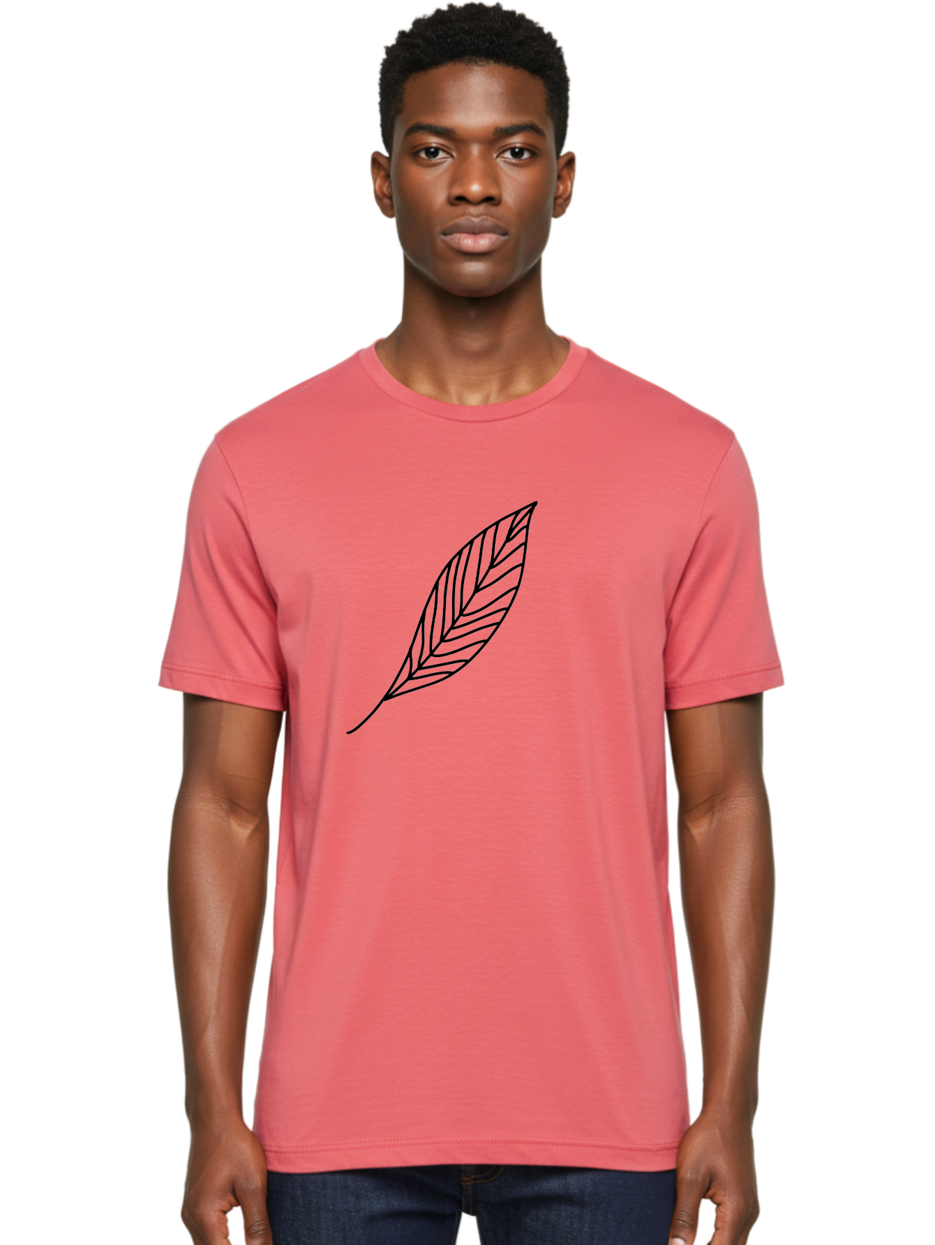 Leaf-Outline Men'S Graphic Tee, 100% Cotton, Comfortable Casual Summer Wear, Machine Washable, Simple Leaf Design, Black Outline, Leaf Illustration, Minimalist Art, Nature-Inspired Graphics, Eco-Friendly Icon -  Aaa447