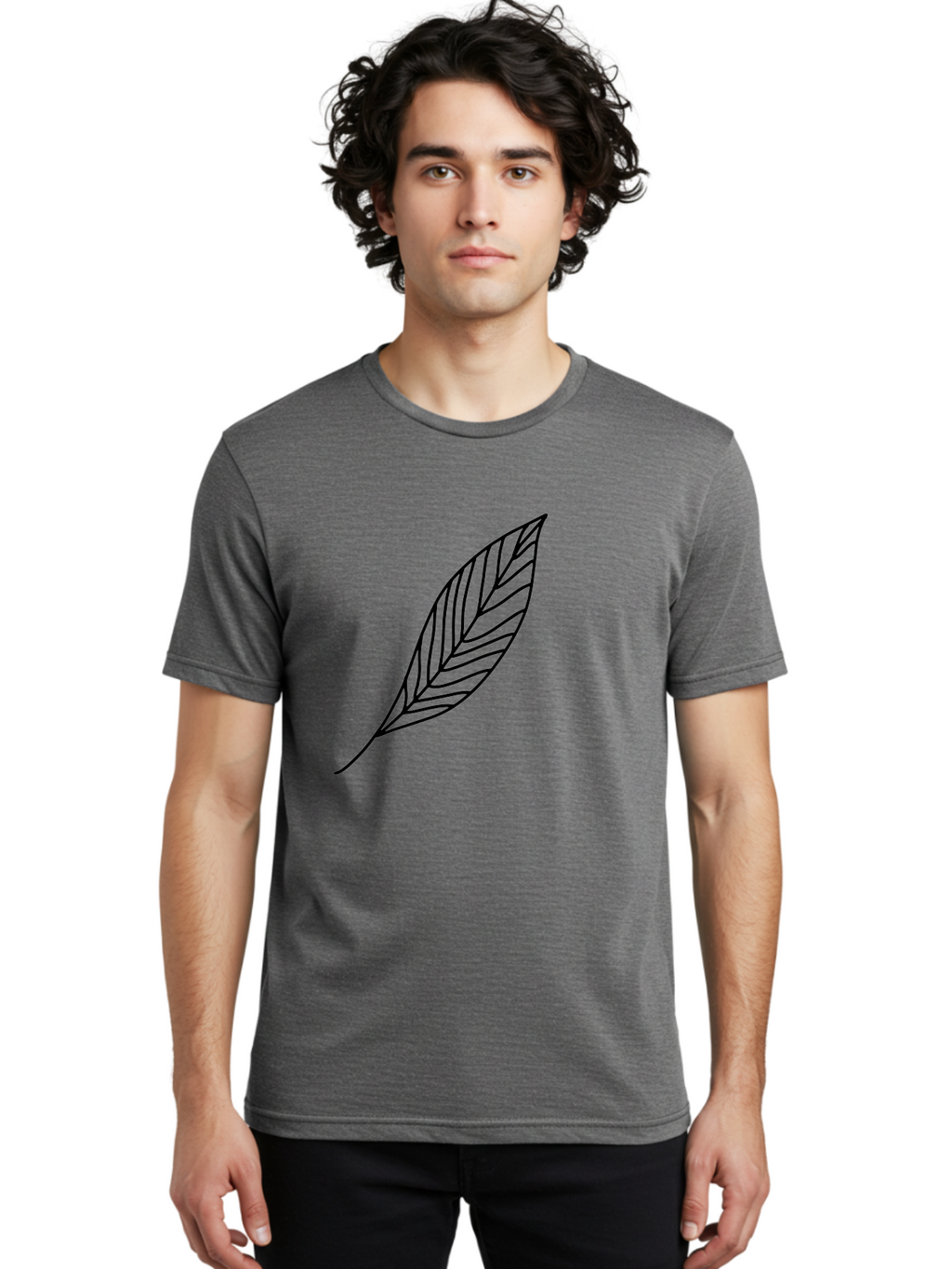 Leaf-Outline Men'S Graphic Tee, 100% Cotton, Comfortable Casual Summer Wear, Machine Washable, Simple Leaf Design, Black Outline, Leaf Illustration, Minimalist Art, Nature-Inspired Graphics, Eco-Friendly Icon -  Aaa447