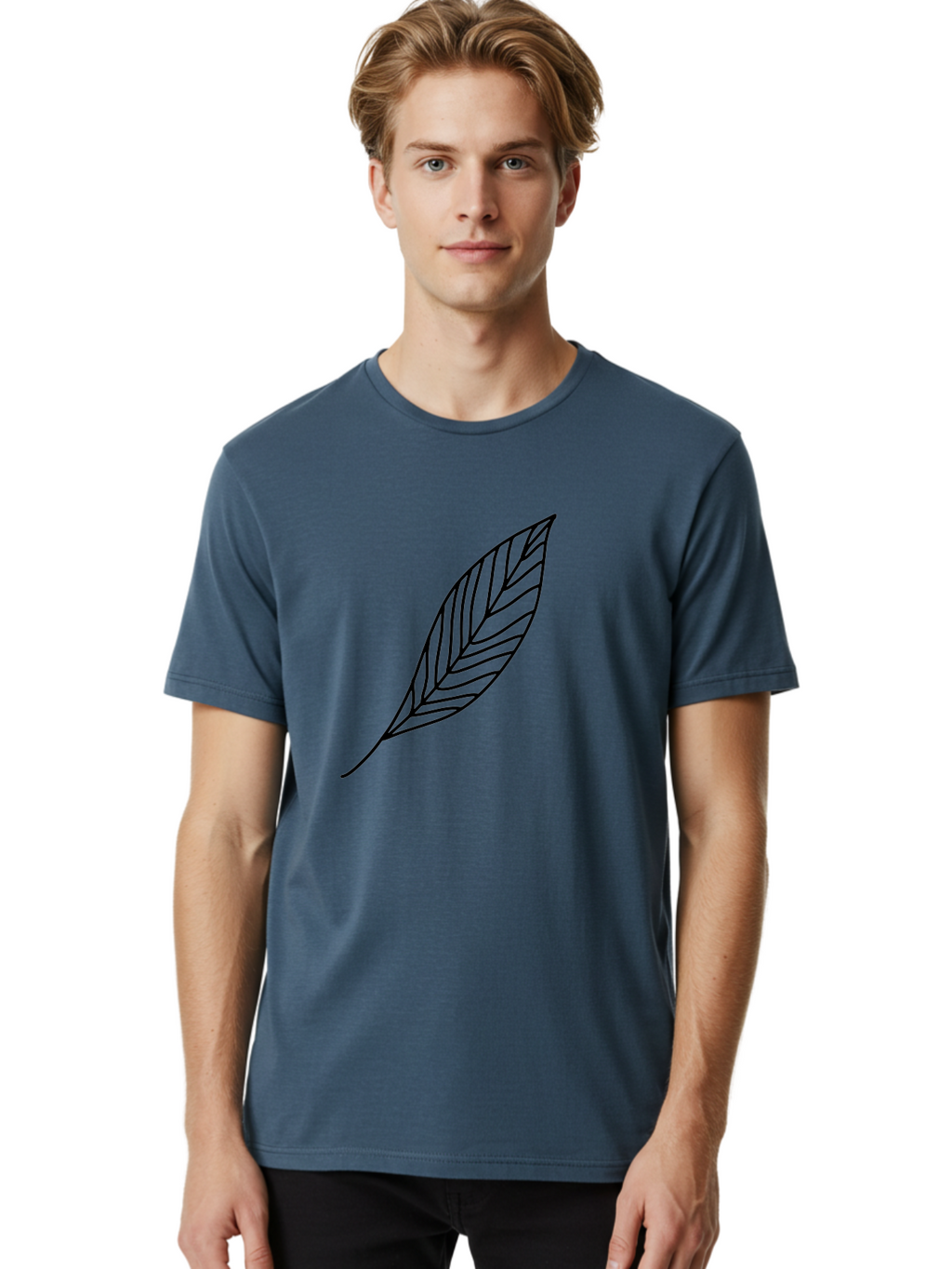 Leaf-Outline Men'S Graphic Tee, 100% Cotton, Comfortable Casual Summer Wear, Machine Washable, Simple Leaf Design, Black Outline, Leaf Illustration, Minimalist Art, Nature-Inspired Graphics, Eco-Friendly Icon -  Aaa447