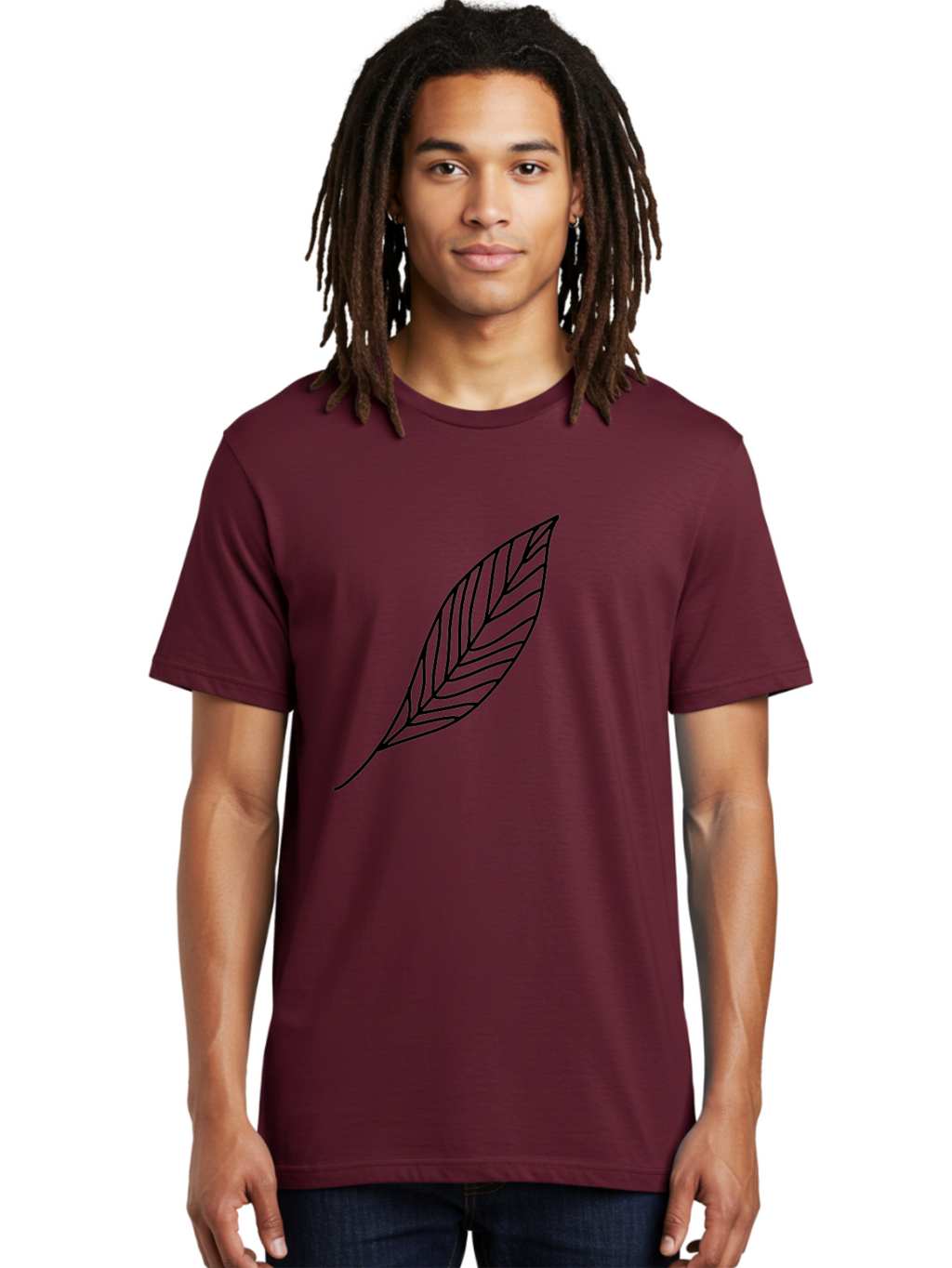 Leaf-Outline Men'S Graphic Tee, 100% Cotton, Comfortable Casual Summer Wear, Machine Washable, Simple Leaf Design, Black Outline, Leaf Illustration, Minimalist Art, Nature-Inspired Graphics, Eco-Friendly Icon -  Aaa447