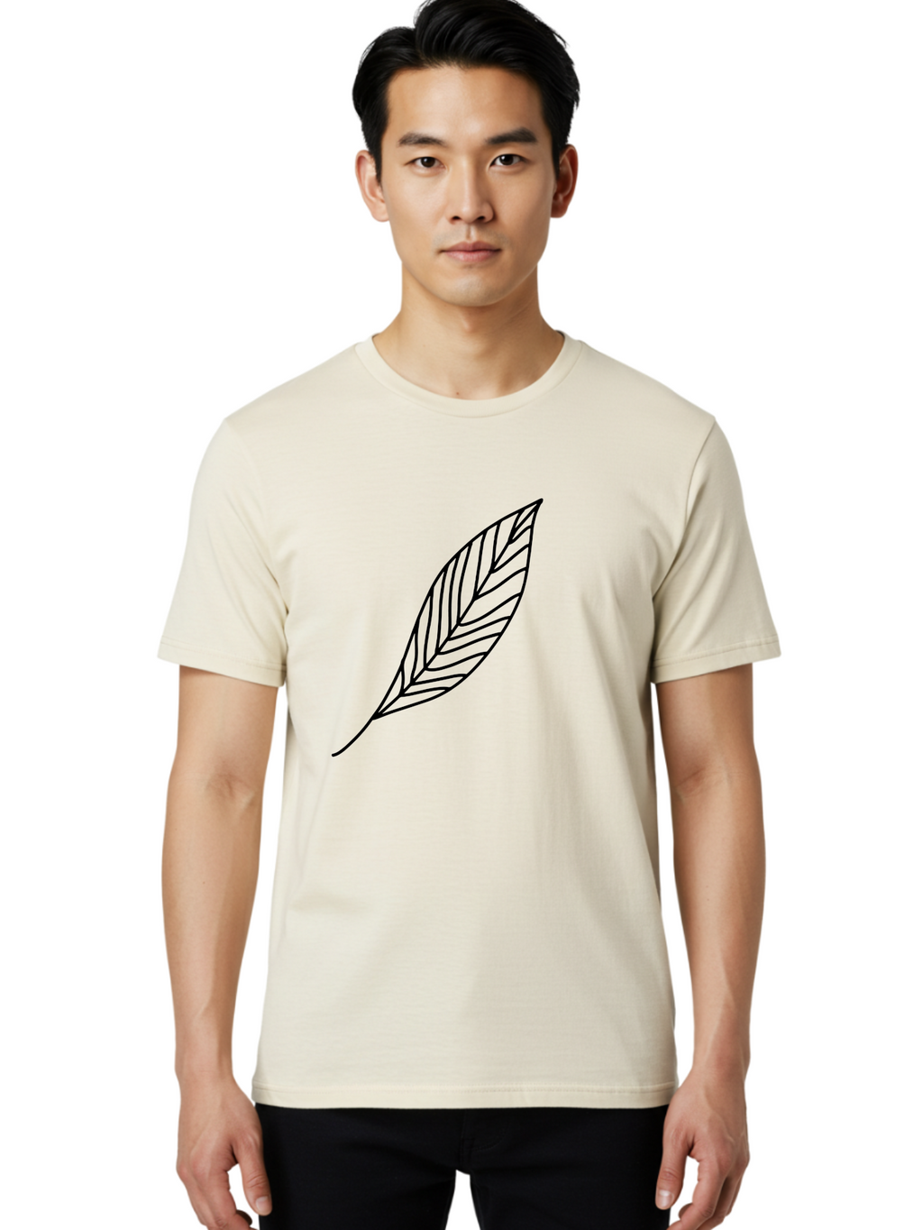 Leaf-Outline Men'S Graphic Tee, 100% Cotton, Comfortable Casual Summer Wear, Machine Washable, Simple Leaf Design, Black Outline, Leaf Illustration, Minimalist Art, Nature-Inspired Graphics, Eco-Friendly Icon -  Aaa447