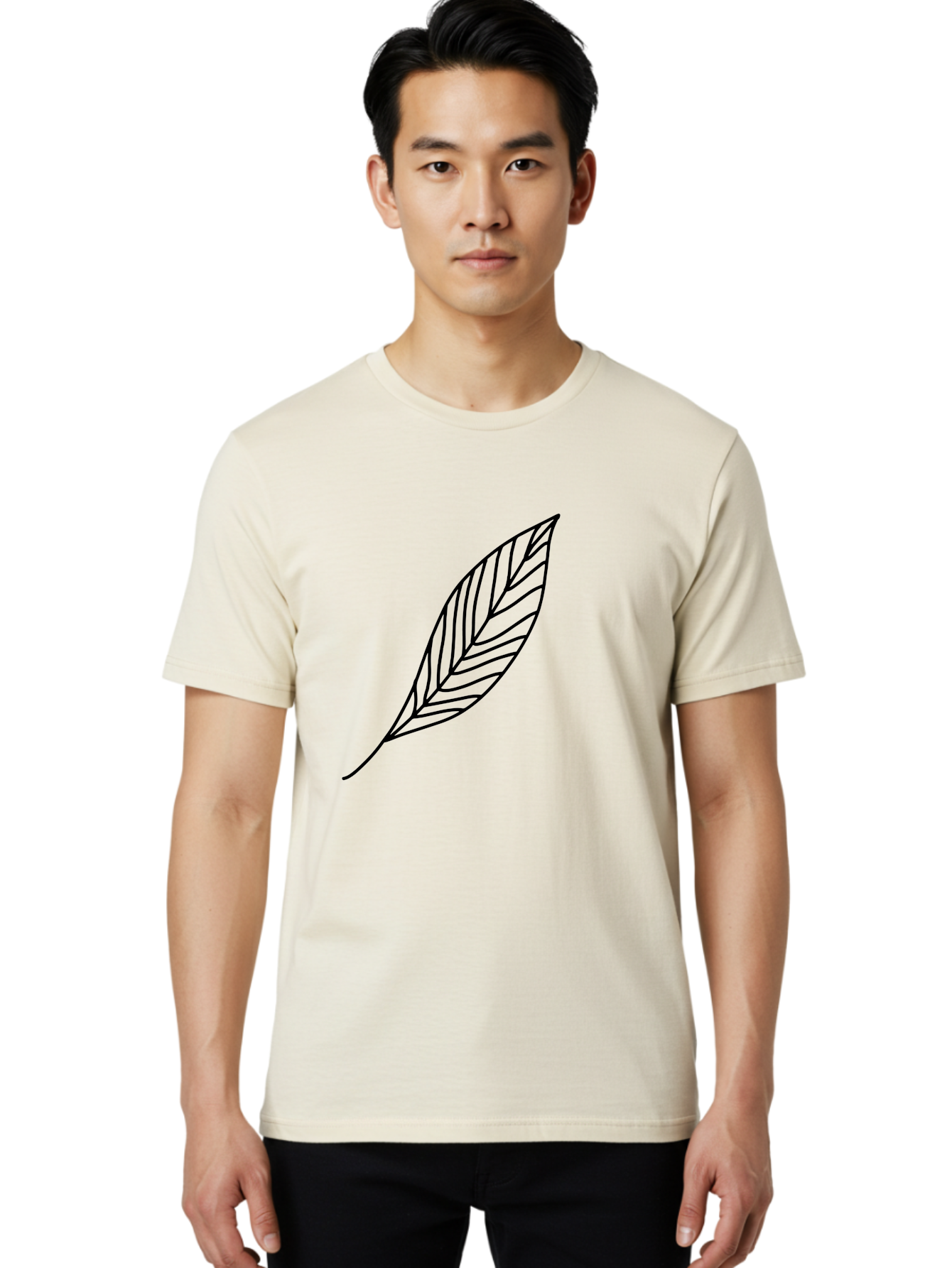 Leaf-Outline Men'S Graphic Tee, 100% Cotton, Comfortable Casual Summer Wear, Machine Washable, Simple Leaf Design, Black Outline, Leaf Illustration, Minimalist Art, Nature-Inspired Graphics, Eco-Friendly Icon -  Aaa447