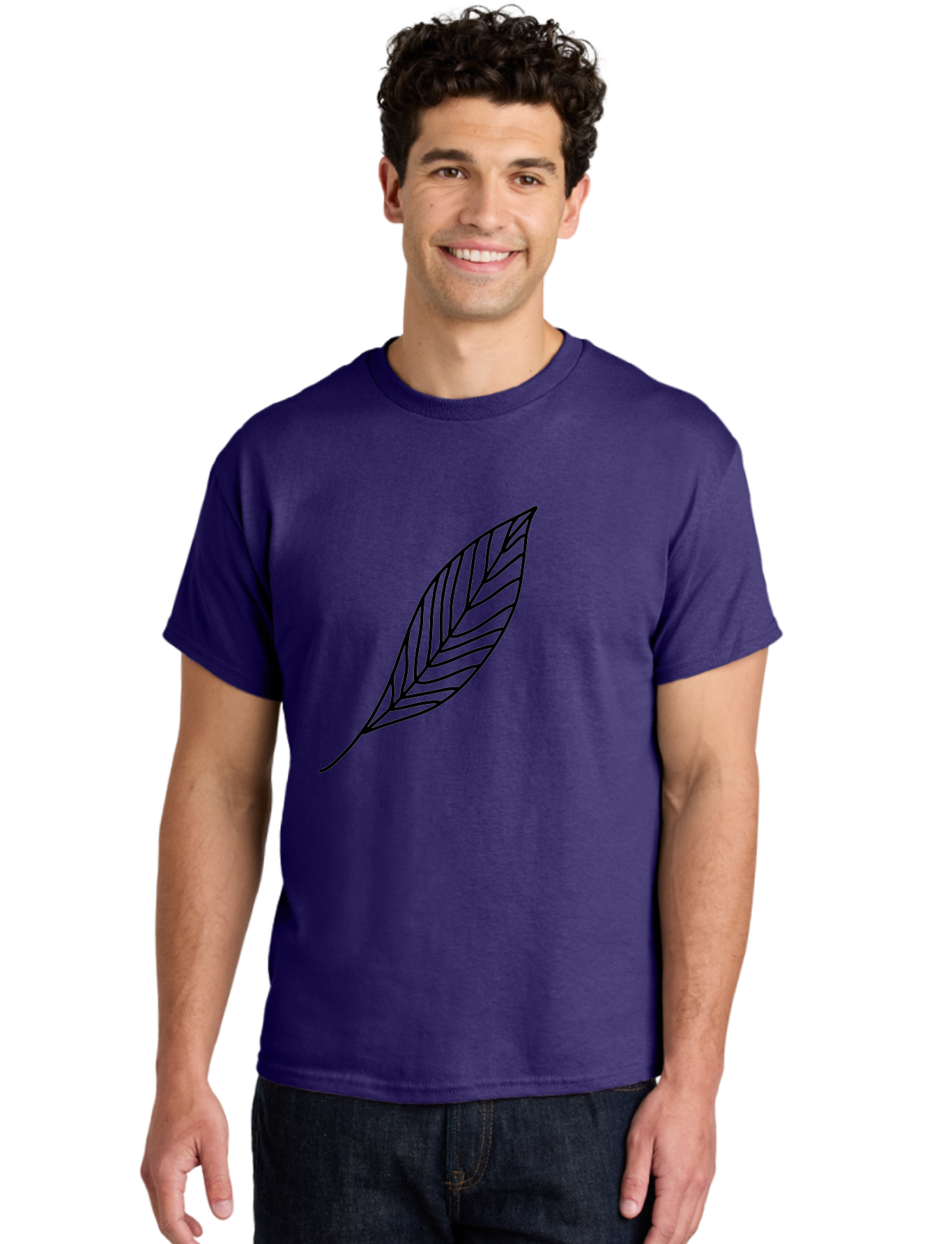 Leaf-Outline Men'S Graphic Tee, 100% Cotton, Comfortable Casual Summer Wear, Machine Washable, Simple Leaf Design, Black Outline, Leaf Illustration, Minimalist Art, Nature-Inspired Graphics, Eco-Friendly Icon -  Aaa447