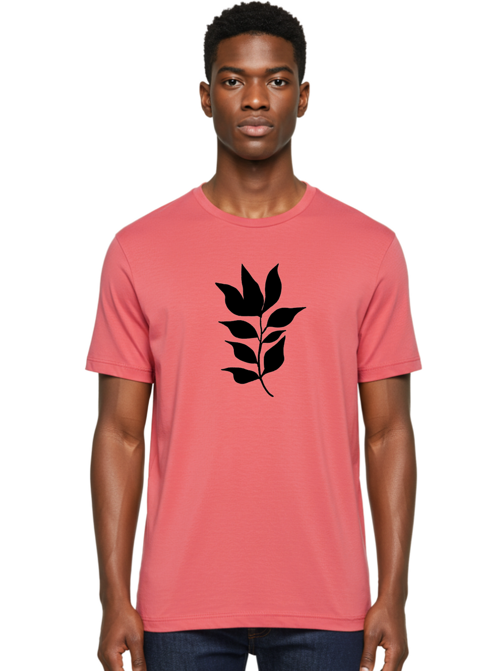 Leaf-Silhouette Men'S Graphic Tee, 100% Cotton, Comfortable Casual Summer Wear, Machine Washable, Leafy Branch, Foliage, Silhouette, Nature Icon, Simple Design, Leaf Graphics, Floral Element, Minimalist Art, Plant Symbol -  Aaa448