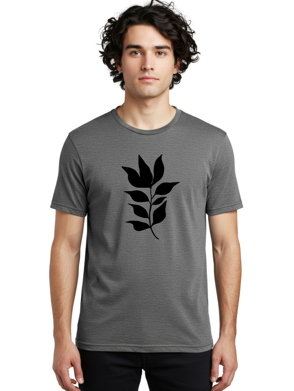 Leaf-Silhouette Men'S Graphic Tee, 100% Cotton, Comfortable Casual Summer Wear, Machine Washable, Leafy Branch, Foliage, Silhouette, Nature Icon, Simple Design, Leaf Graphics, Floral Element, Minimalist Art, Plant Symbol -  Aaa448