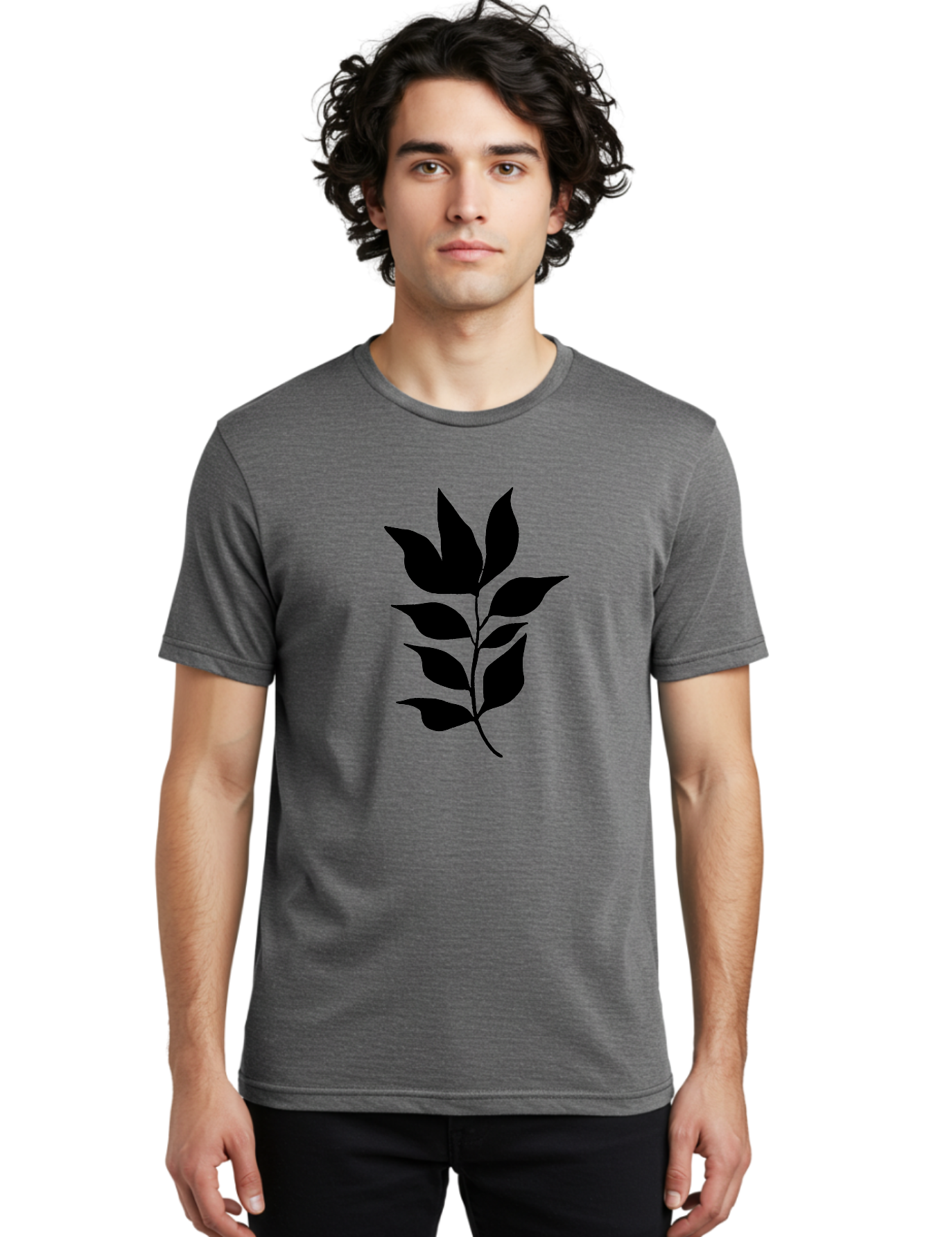 Leaf-Silhouette Men'S Graphic Tee, 100% Cotton, Comfortable Casual Summer Wear, Machine Washable, Leafy Branch, Foliage, Silhouette, Nature Icon, Simple Design, Leaf Graphics, Floral Element, Minimalist Art, Plant Symbol -  Aaa448