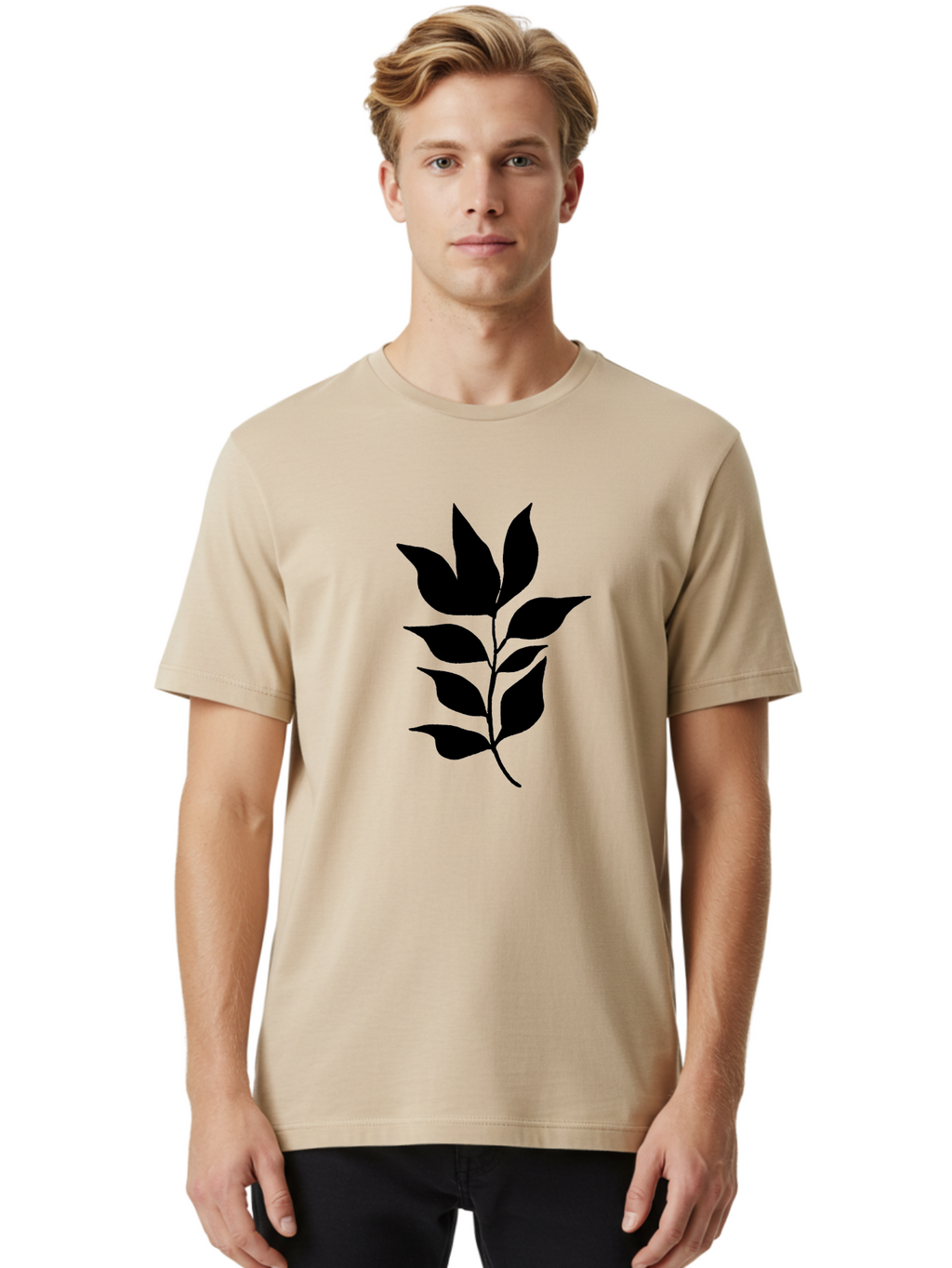 Leaf-Silhouette Men'S Graphic Tee, 100% Cotton, Comfortable Casual Summer Wear, Machine Washable, Leafy Branch, Foliage, Silhouette, Nature Icon, Simple Design, Leaf Graphics, Floral Element, Minimalist Art, Plant Symbol -  Aaa448