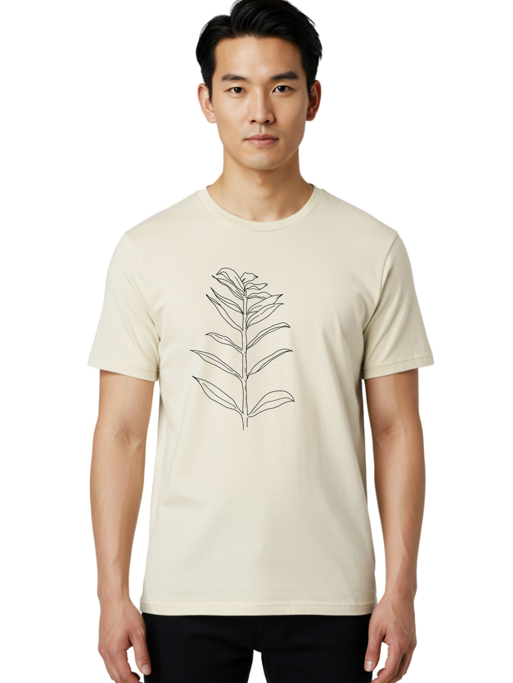 Leaf Men'S Graphic Tee, 100% Cotton, Comfortable Casual Summer Wear, Machine Washable, Hand-Drawn Leaf, Simple Illustration, Black Outline, Leafy Branch, Minimalist Design, Botanical Art -  Aaa449