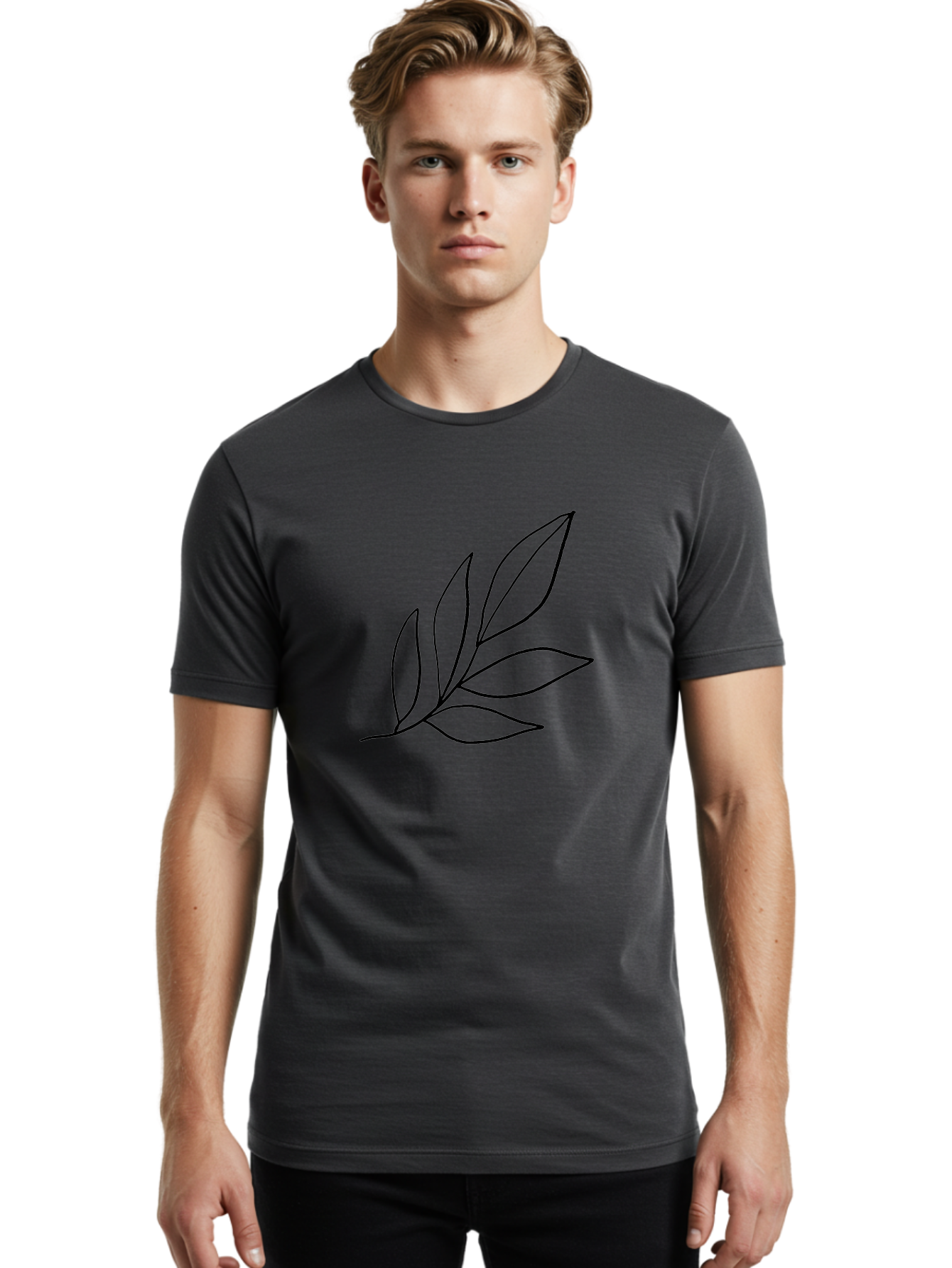Leaves-5 Men'S Graphic Tee, 100% Cotton, Comfortable Casual Summer Wear, Machine Washable, Hand Drawn Leaves, Simple Line Art, Minimalist Design, Botanical Elements, Leaf Illustration, Black Outline -  Aaa454