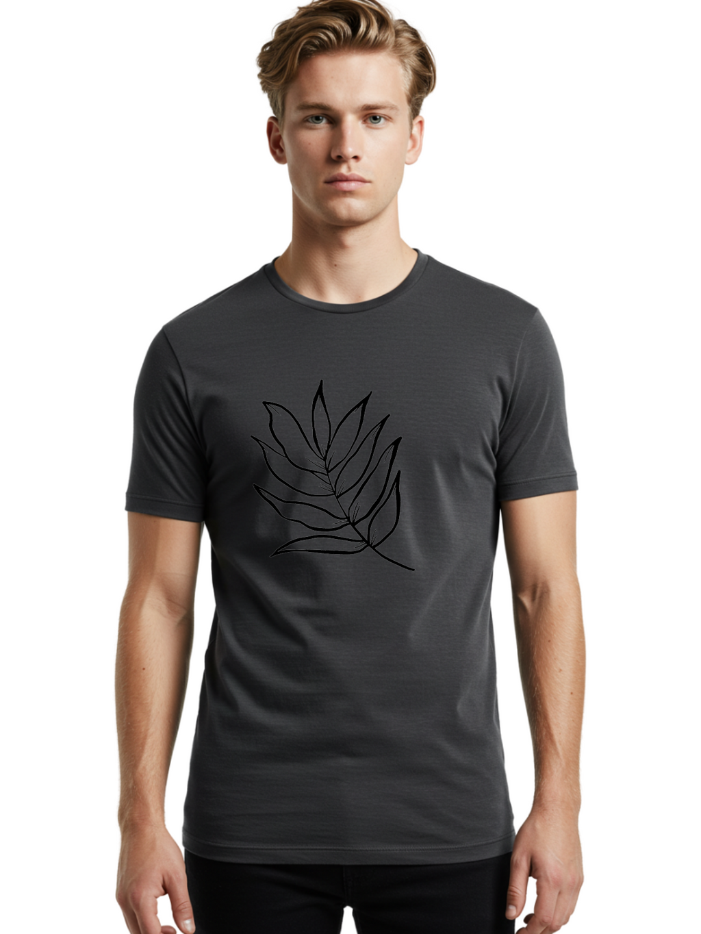 Leaves-7 Men'S Graphic Tee, 100% Cotton, Comfortable Casual Summer Wear, Machine Washable, Hand-Drawn Leaf, Simple Line Art, Minimalist Design, Black Silhouette, Natural Elements, Leaf Illustration, Botanical Art -  Aaa456