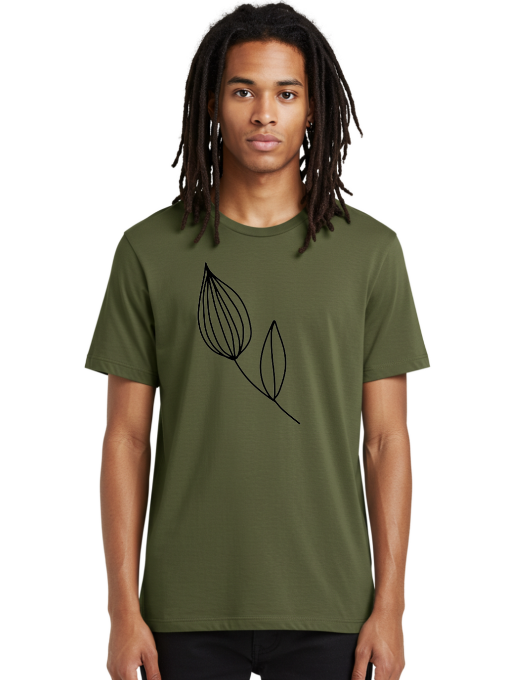 Line-Drawing-Leaves Men'S Graphic Tee, 100% Cotton, Comfortable Casual Summer Wear, Machine Washable, Minimalist Design, Leafy Stem, Simple Lines, Botanical Illustration, Modern Art, Contemporary Style, Black And Green -  Aaa459