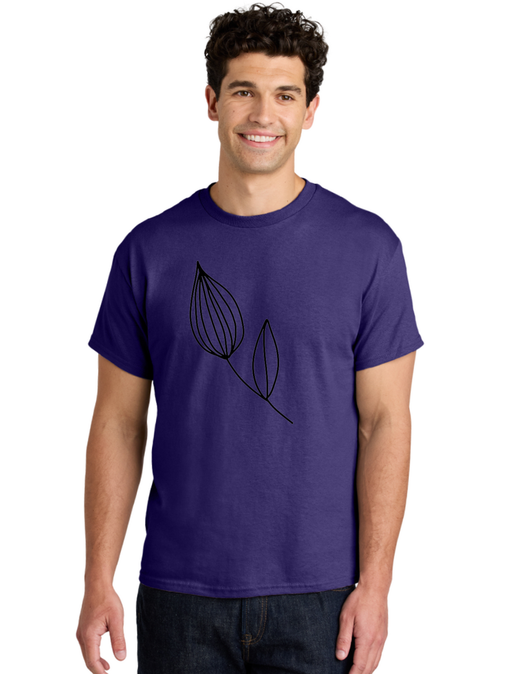 Line-Drawing-Leaves Men'S Graphic Tee, 100% Cotton, Comfortable Casual Summer Wear, Machine Washable, Minimalist Design, Leafy Stem, Simple Lines, Botanical Illustration, Modern Art, Contemporary Style, Black And Green -  Aaa459