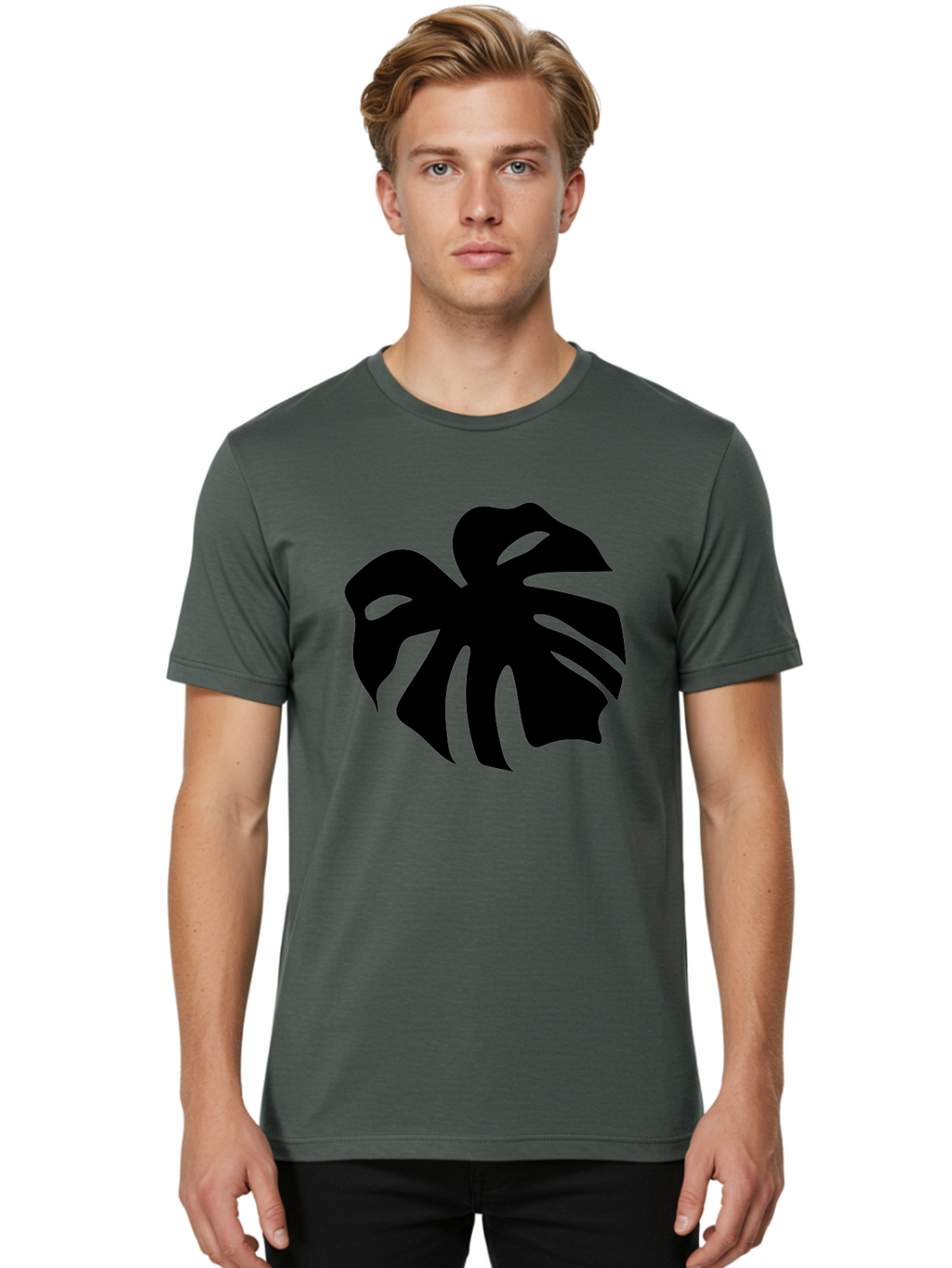Monstera-Leaf-1 Men'S Graphic Tee, 100% Cotton, Comfortable Casual Summer Wear, Machine Washable, Tropical Leaf, Monstera Deliciosa, Exotic Foliage, Jungle Plants, Unique Shapes, Leafy Greens, Black Silhouette -  Aaa466