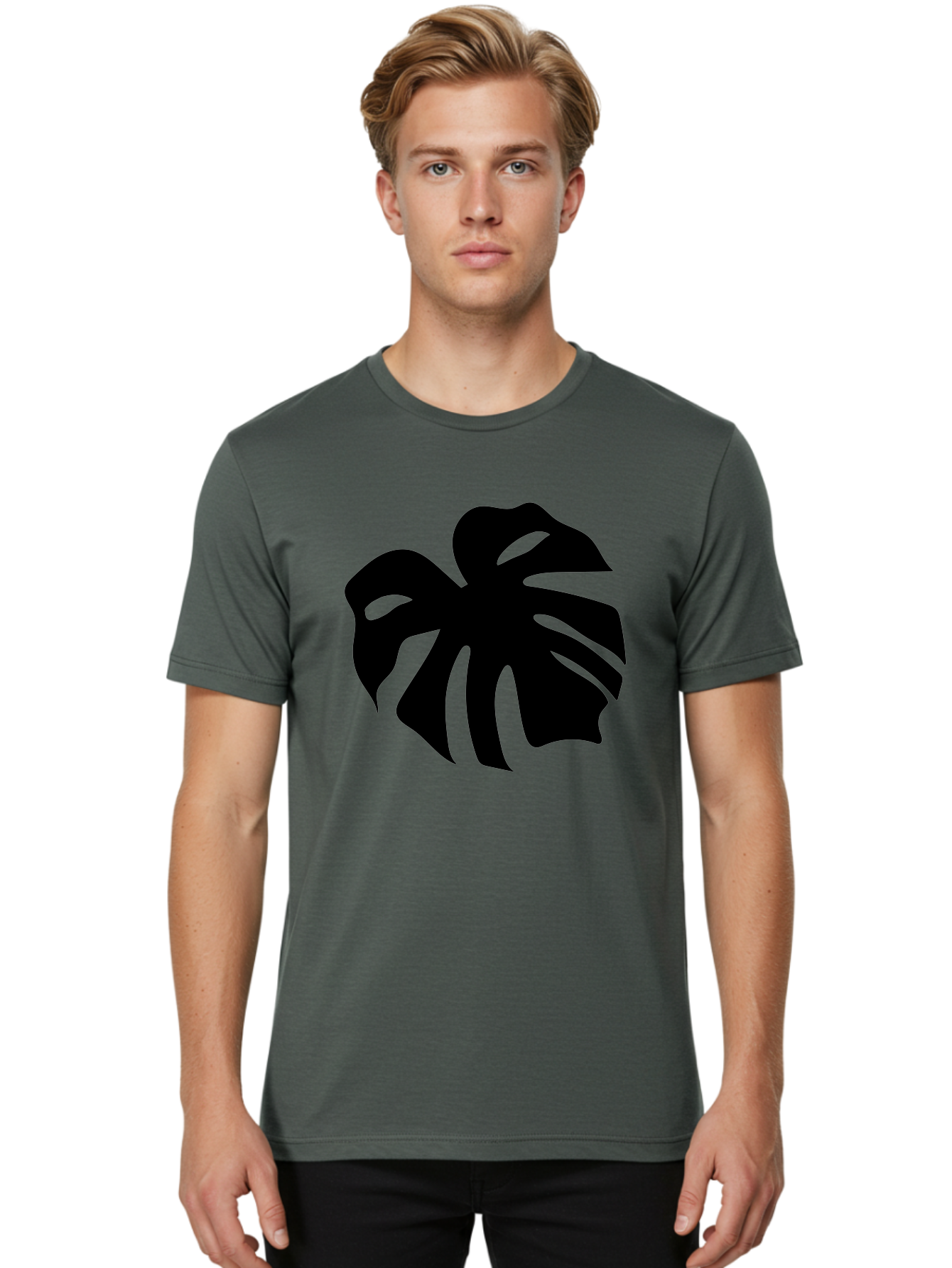 Monstera-Leaf-1 Men'S Graphic Tee, 100% Cotton, Comfortable Casual Summer Wear, Machine Washable, Tropical Leaf, Monstera Deliciosa, Exotic Foliage, Jungle Plants, Unique Shapes, Leafy Greens, Black Silhouette -  Aaa466