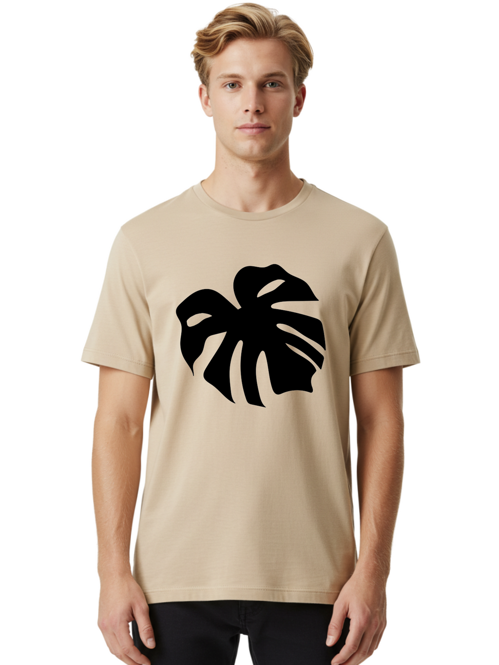 Monstera-Leaf-1 Men'S Graphic Tee, 100% Cotton, Comfortable Casual Summer Wear, Machine Washable, Tropical Leaf, Monstera Deliciosa, Exotic Foliage, Jungle Plants, Unique Shapes, Leafy Greens, Black Silhouette -  Aaa466
