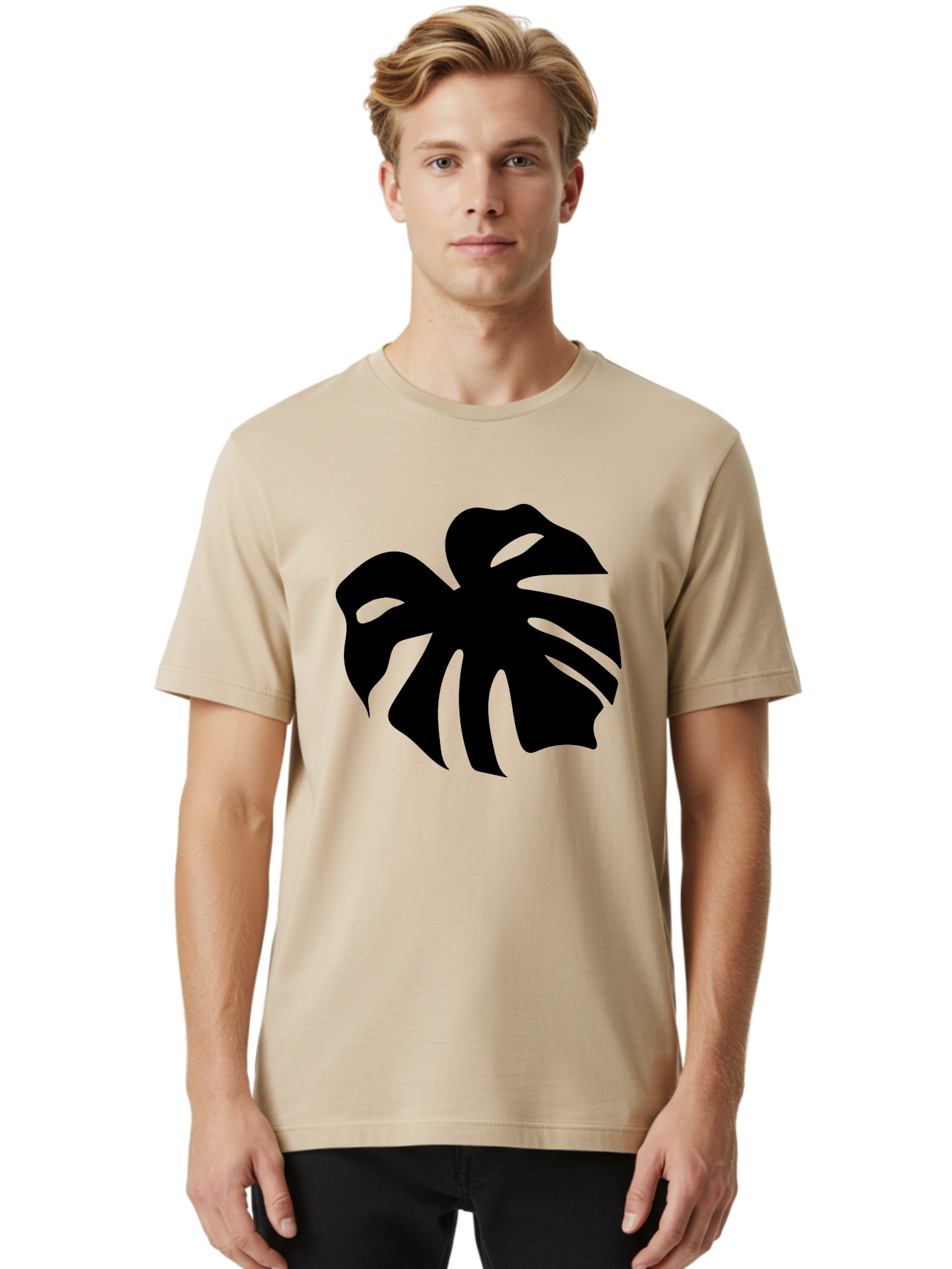 Monstera-Leaf-1 Men'S Graphic Tee, 100% Cotton, Comfortable Casual Summer Wear, Machine Washable, Tropical Leaf, Monstera Deliciosa, Exotic Foliage, Jungle Plants, Unique Shapes, Leafy Greens, Black Silhouette -  Aaa466