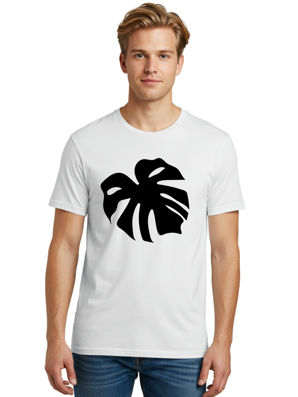 Monstera-Leaf-1 Men'S Graphic Tee, 100% Cotton, Comfortable Casual Summer Wear, Machine Washable, Tropical Leaf, Monstera Deliciosa, Exotic Foliage, Jungle Plants, Unique Shapes, Leafy Greens, Black Silhouette -  Aaa466