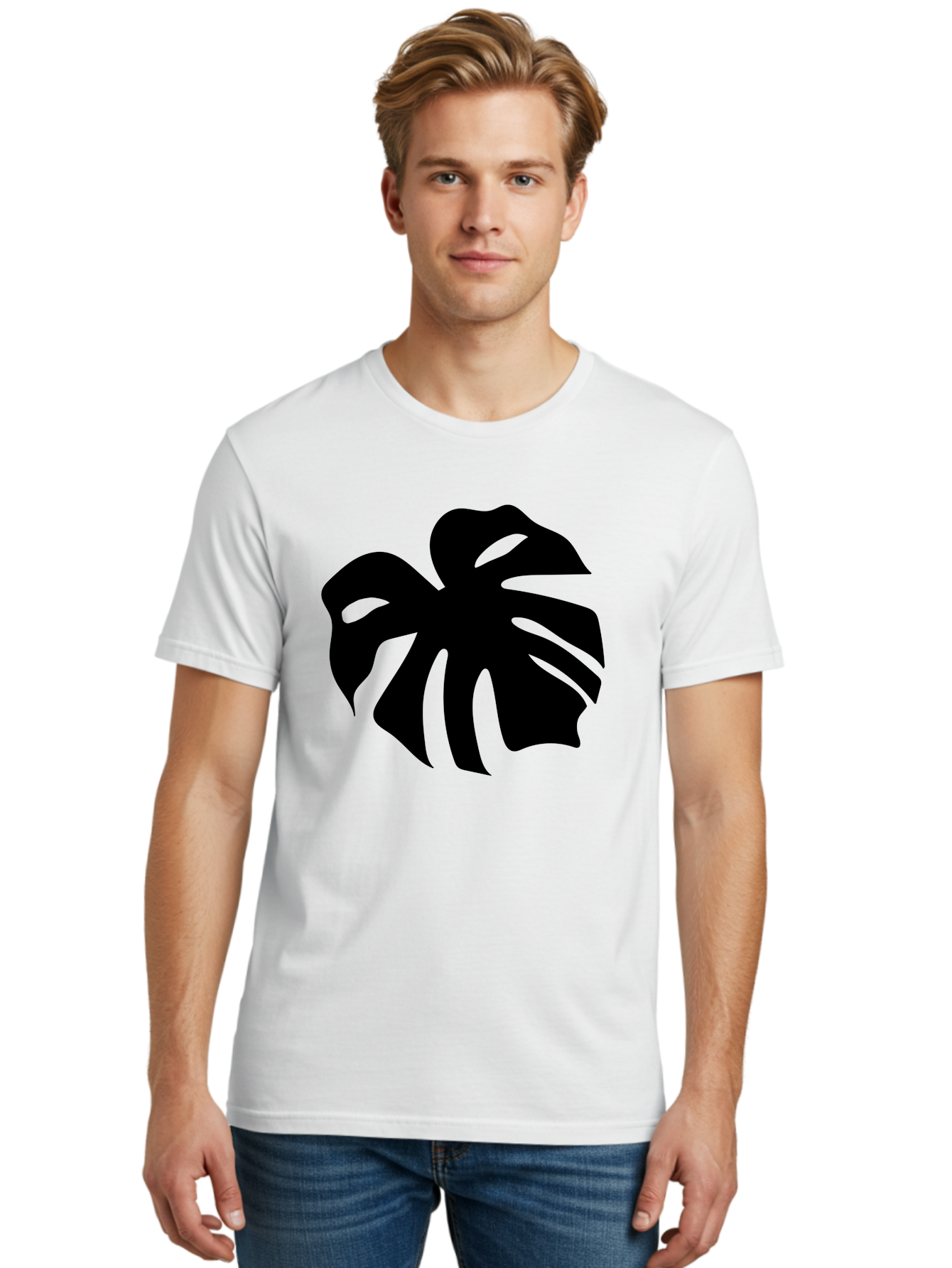 Monstera-Leaf-1 Men'S Graphic Tee, 100% Cotton, Comfortable Casual Summer Wear, Machine Washable, Tropical Leaf, Monstera Deliciosa, Exotic Foliage, Jungle Plants, Unique Shapes, Leafy Greens, Black Silhouette -  Aaa466