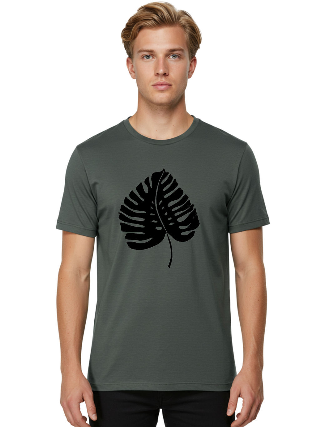 Monstera-Leaf-2 Men'S Graphic Tee, 100% Cotton, Comfortable Casual Summer Wear, Machine Washable, Tropical Leaf, Monstera Deliciosa, Exotic Foliage, Black Silhouette, Minimalist Design, Nature-Inspired Art, Botanical Illustration, -  Aaa467