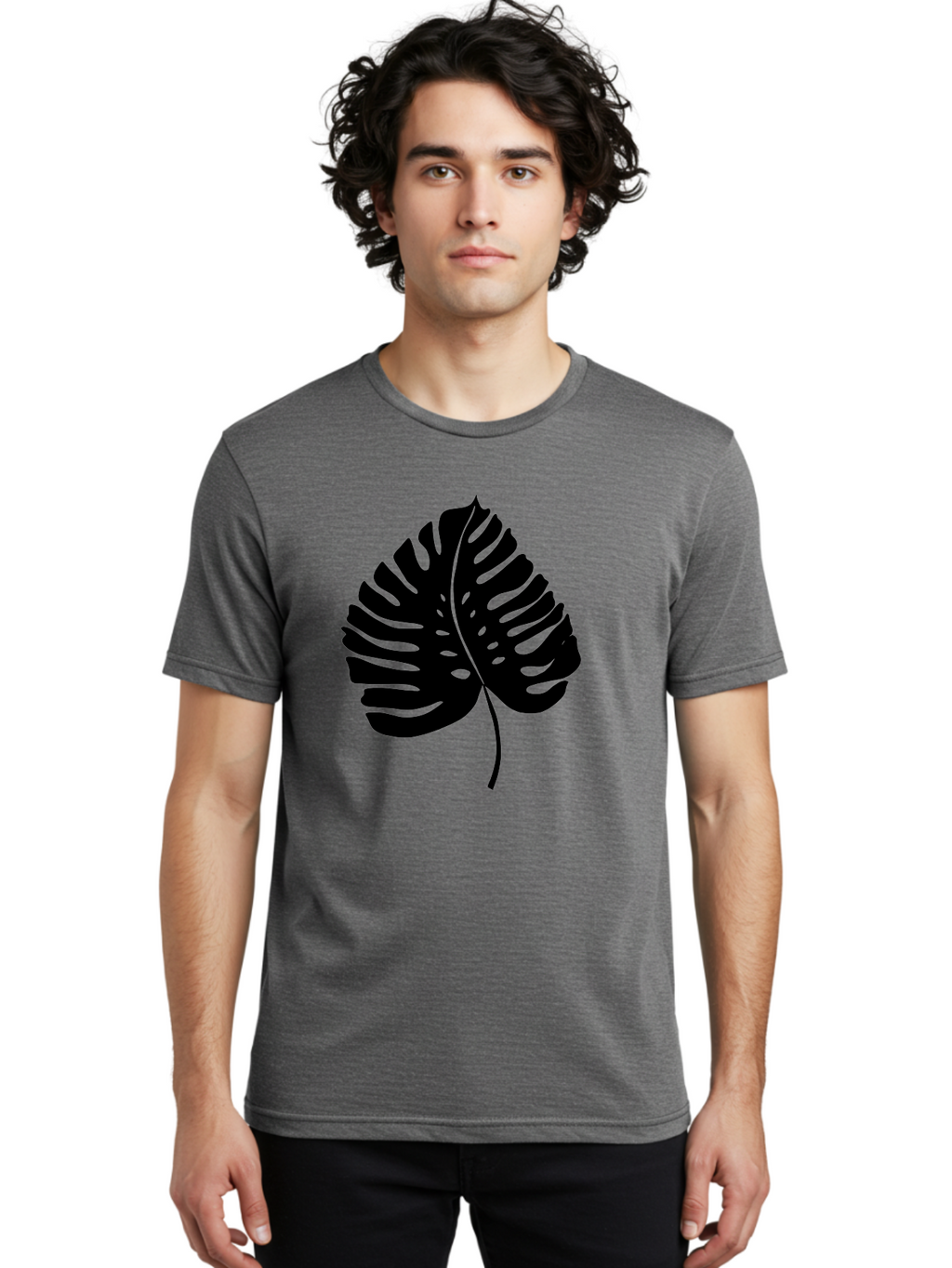 Monstera-Leaf-2 Men'S Graphic Tee, 100% Cotton, Comfortable Casual Summer Wear, Machine Washable, Tropical Leaf, Monstera Deliciosa, Exotic Foliage, Black Silhouette, Minimalist Design, Nature-Inspired Art, Botanical Illustration, -  Aaa467