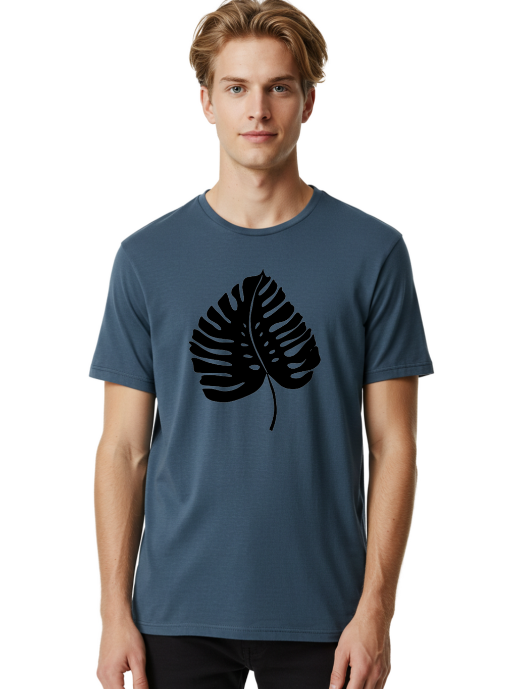 Monstera-Leaf-2 Men'S Graphic Tee, 100% Cotton, Comfortable Casual Summer Wear, Machine Washable, Tropical Leaf, Monstera Deliciosa, Exotic Foliage, Black Silhouette, Minimalist Design, Nature-Inspired Art, Botanical Illustration, -  Aaa467