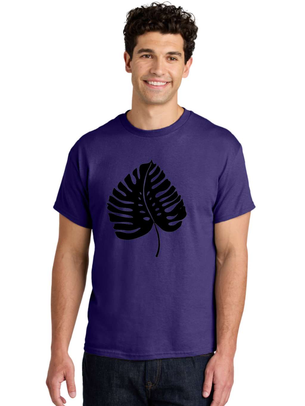 Monstera-Leaf-2 Men'S Graphic Tee, 100% Cotton, Comfortable Casual Summer Wear, Machine Washable, Tropical Leaf, Monstera Deliciosa, Exotic Foliage, Black Silhouette, Minimalist Design, Nature-Inspired Art, Botanical Illustration, -  Aaa467