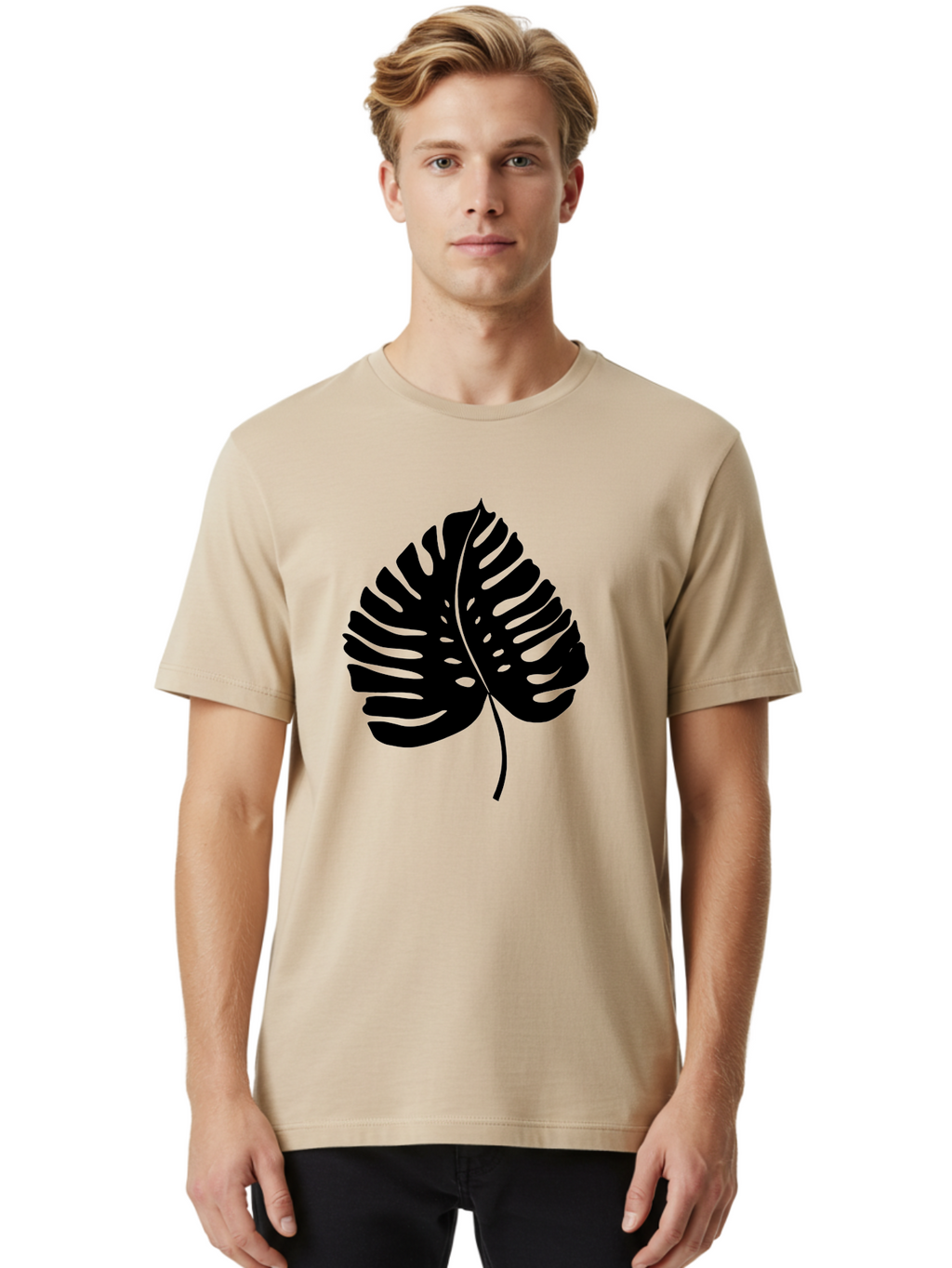 Monstera-Leaf-2 Men'S Graphic Tee, 100% Cotton, Comfortable Casual Summer Wear, Machine Washable, Tropical Leaf, Monstera Deliciosa, Exotic Foliage, Black Silhouette, Minimalist Design, Nature-Inspired Art, Botanical Illustration, -  Aaa467