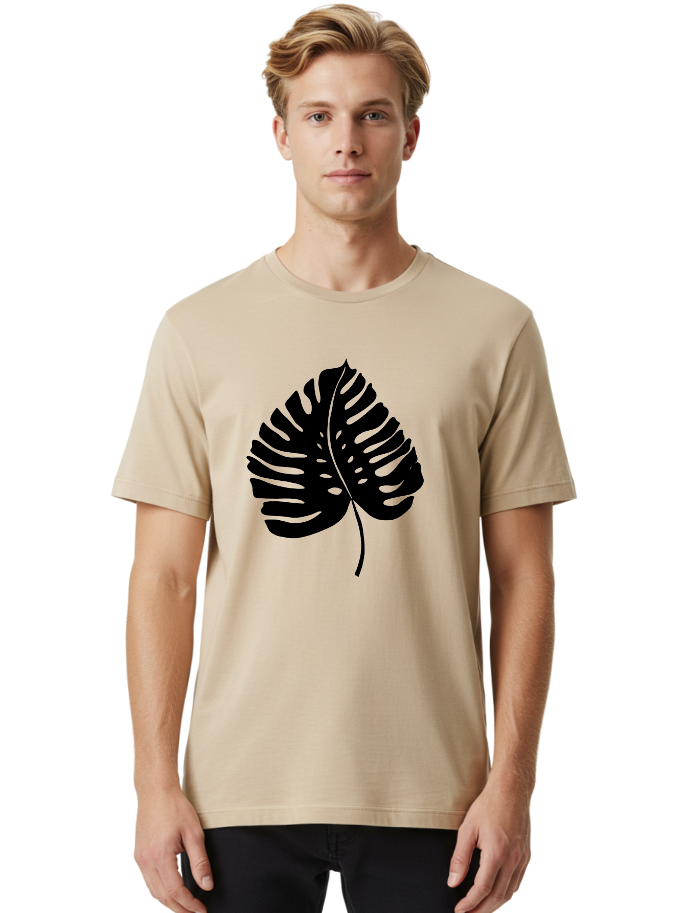 Monstera-Leaf-2 Men'S Graphic Tee, 100% Cotton, Comfortable Casual Summer Wear, Machine Washable, Tropical Leaf, Monstera Deliciosa, Exotic Foliage, Black Silhouette, Minimalist Design, Nature-Inspired Art, Botanical Illustration, -  Aaa467