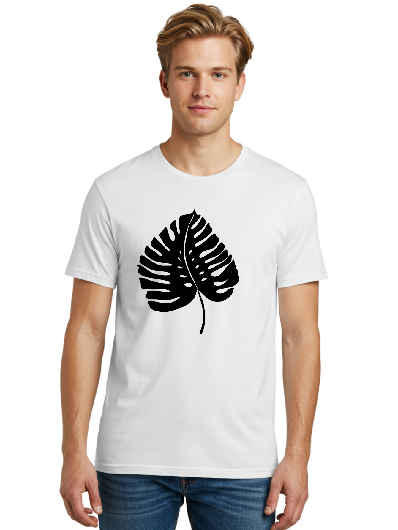 Monstera-Leaf-2 Men'S Graphic Tee, 100% Cotton, Comfortable Casual Summer Wear, Machine Washable, Tropical Leaf, Monstera Deliciosa, Exotic Foliage, Black Silhouette, Minimalist Design, Nature-Inspired Art, Botanical Illustration, -  Aaa467
