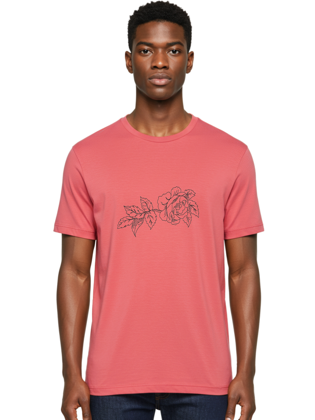 Rose-1 Men'S Graphic Tee, 100% Cotton, Comfortable Casual Summer Wear, Machine Washable, Rose Illustration, Line Art, Floral Design, Botanical Drawing, Leafy Stem, Black Outline, Delicate Flowers, Minimalist Art -  Aaa478