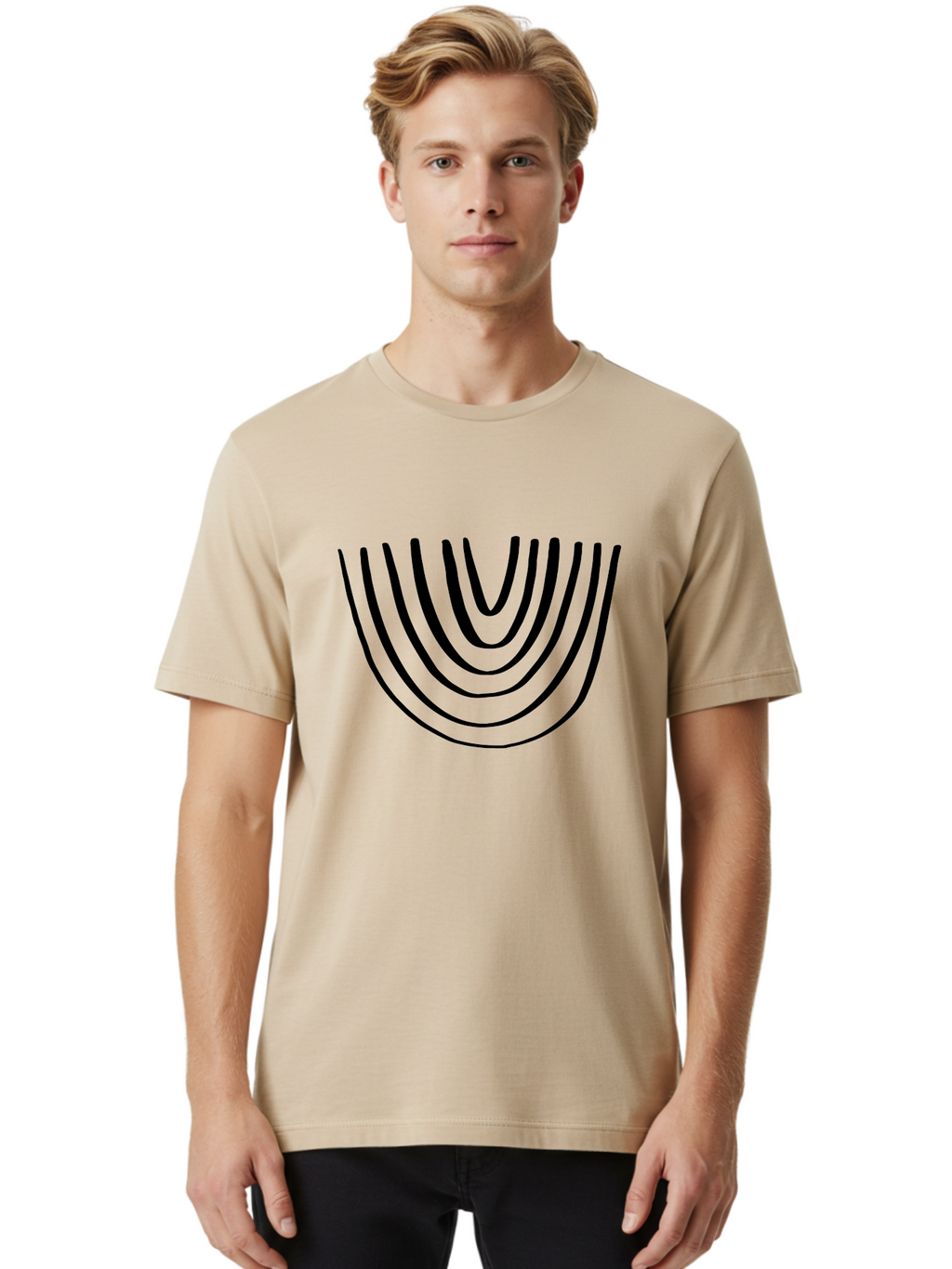 Stacked-Arches Men'S Graphic Tee, 100% Cotton, Comfortable Casual Summer Wear, Machine Washable, Black Arches, Curved Lines, Minimalist Design, Simple Shapes, Abstract Art, Geometric Pattern, Bold Graphics -  Aaa491